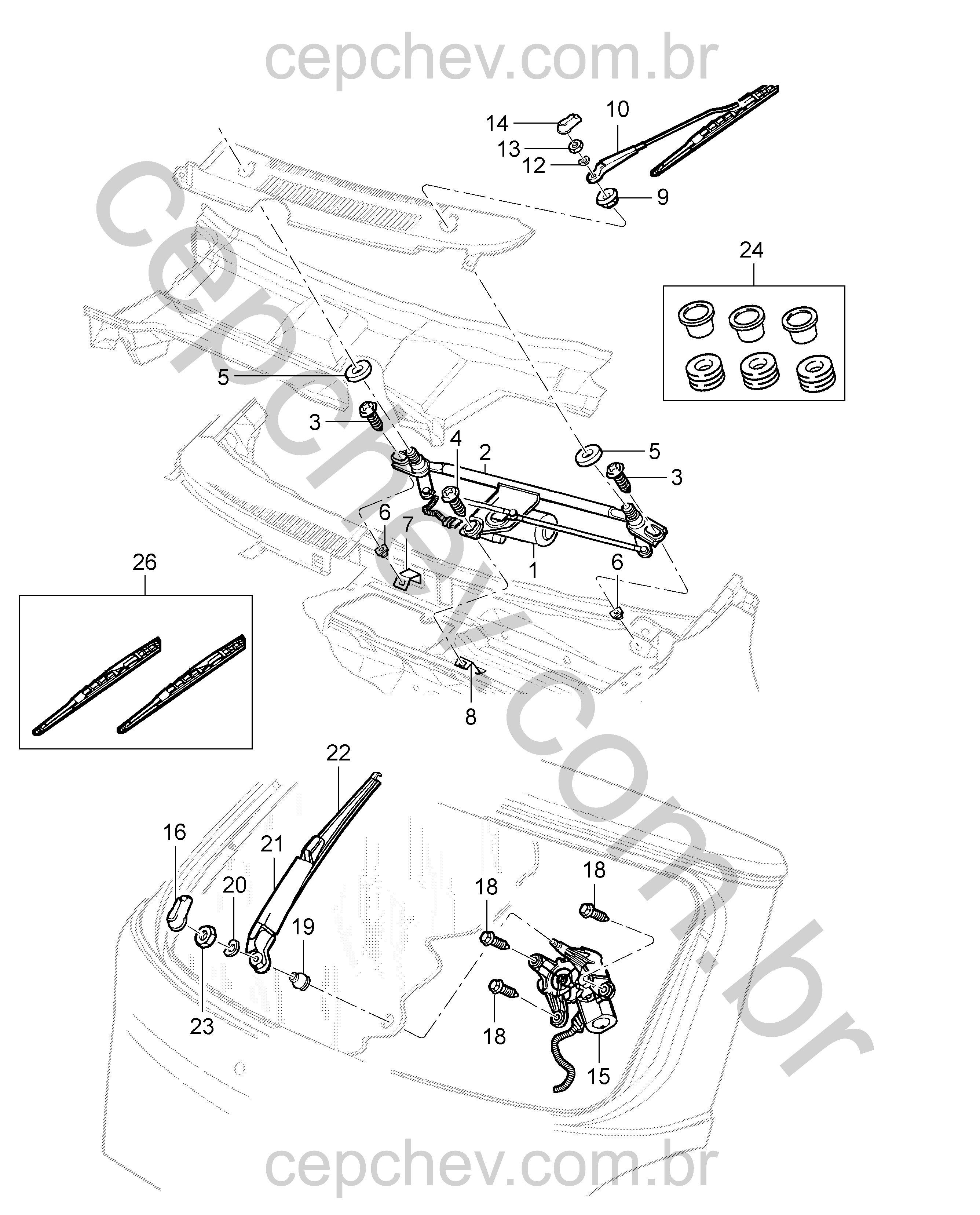 Sistema limpador e para-brisa (2001–2010) com motor e braços completos