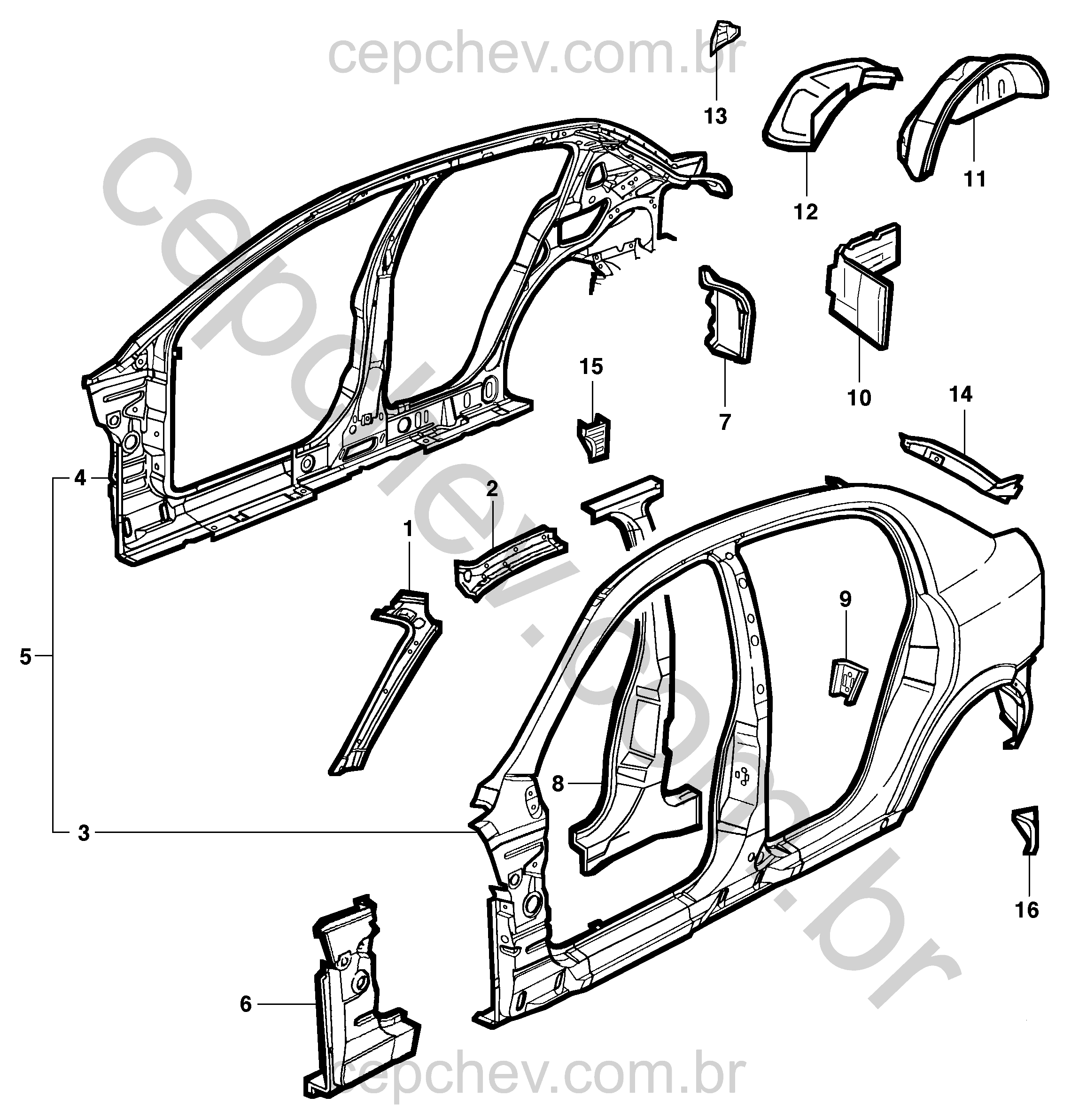 Estrutura lateral, interna e traseira para hatch 5 portas