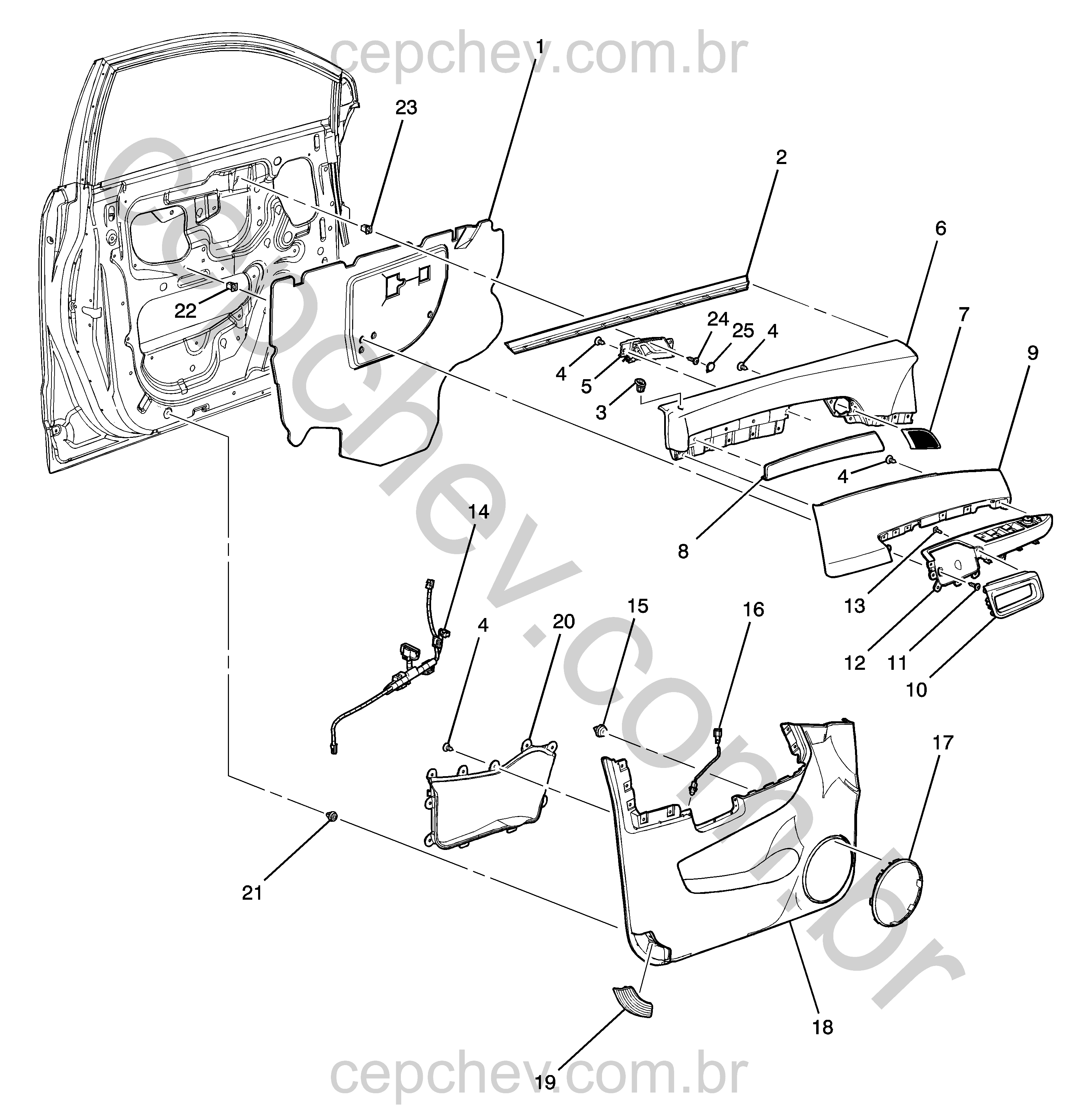 Acabamento e acessórios da porta dianteira motorista (2008–2010) L