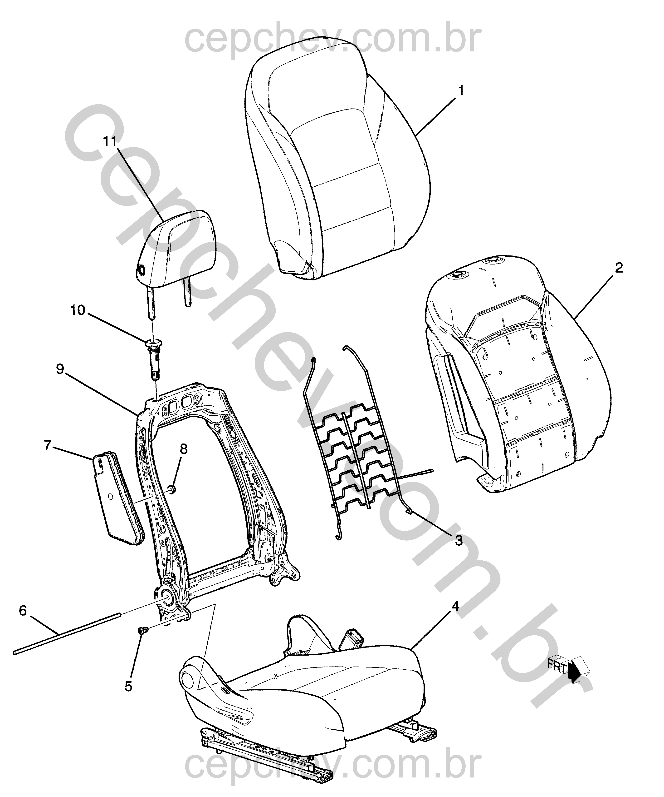 Conjunto banco dianteiro e traseiro direito com estrutura, almofada e airbag lateral