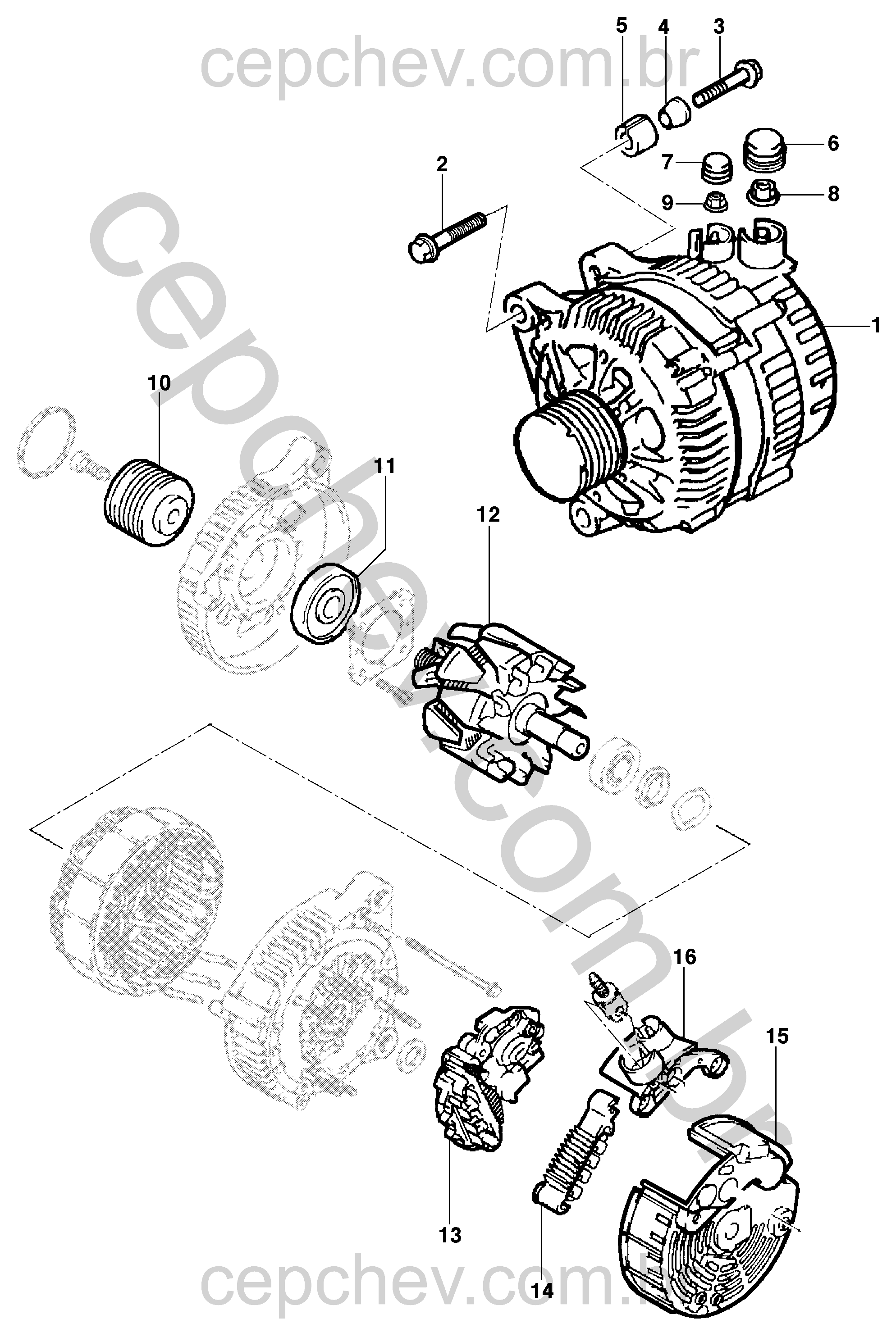Alternador e componentes motor diesel (2002–2004)