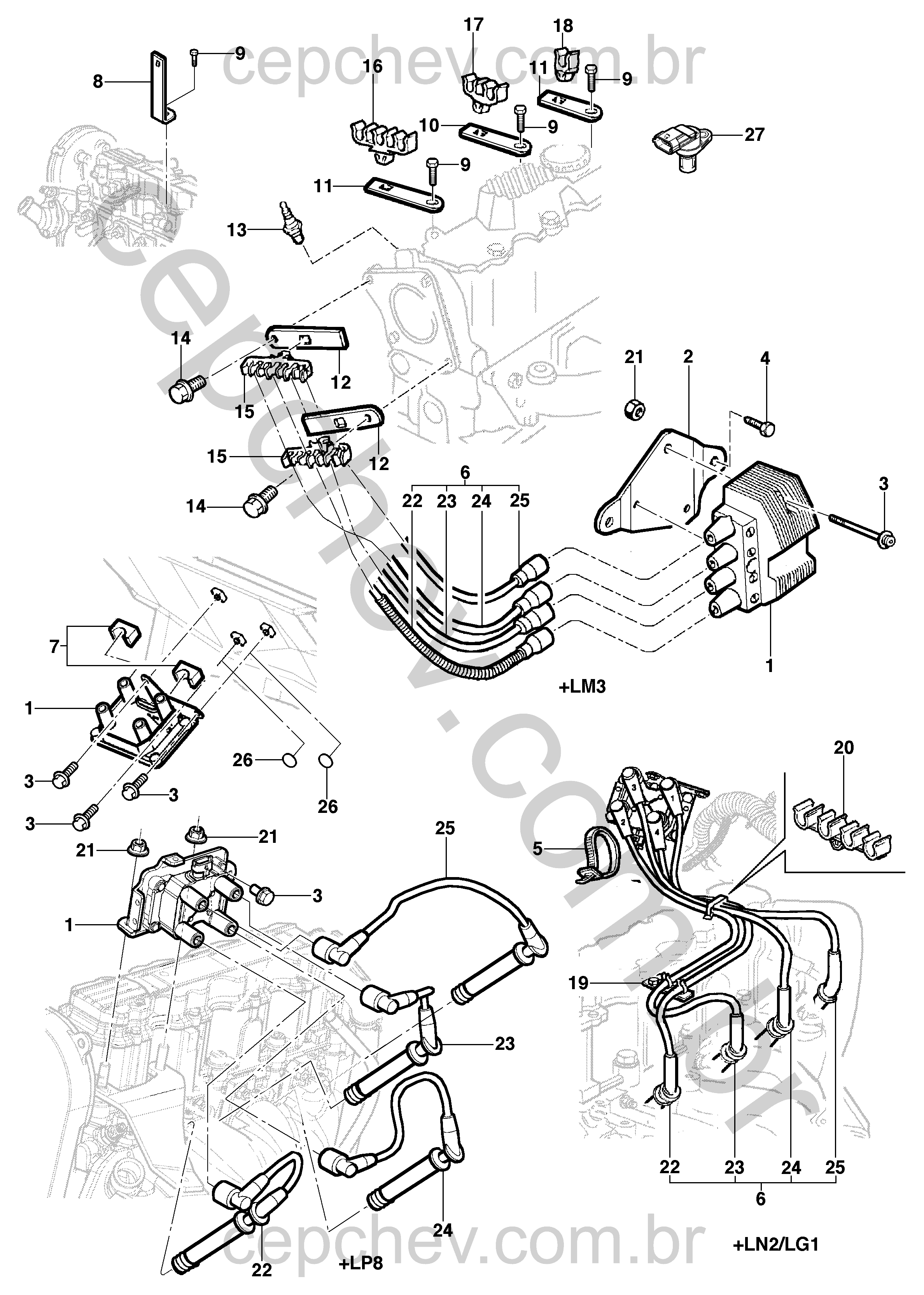 Sistema de ignição, cabos e velas para motor LM3/LN2/LG1/LP8