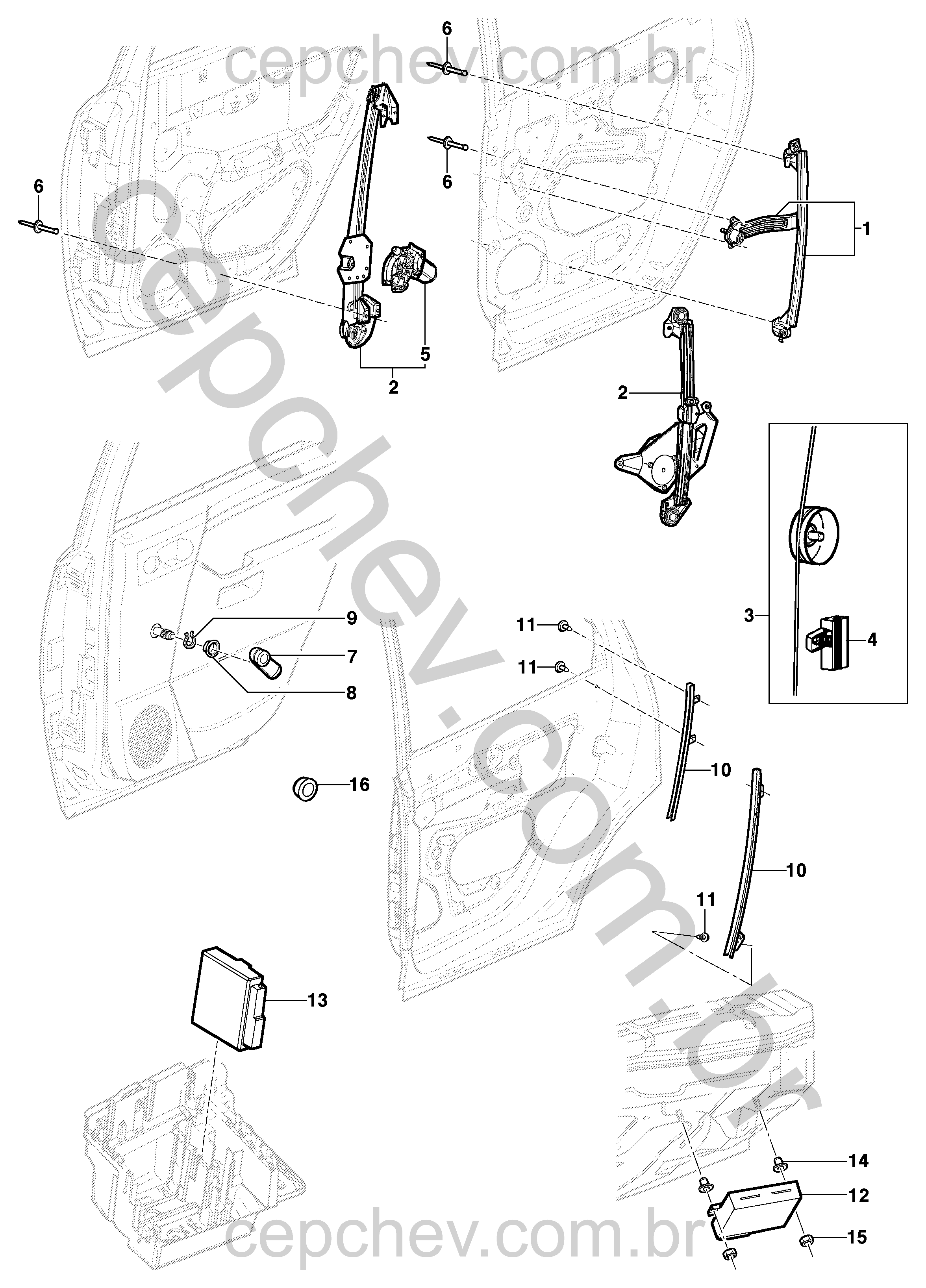 Mecanismo e motor do levantador elétrico e manual do vidro traseiro