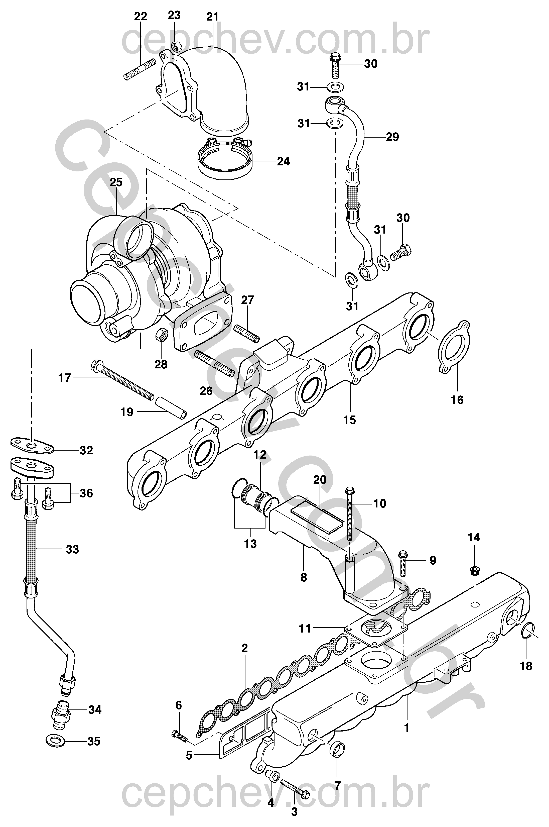 Turbocompressor e coletores de admissão e escape motor diesel LA5 MWM