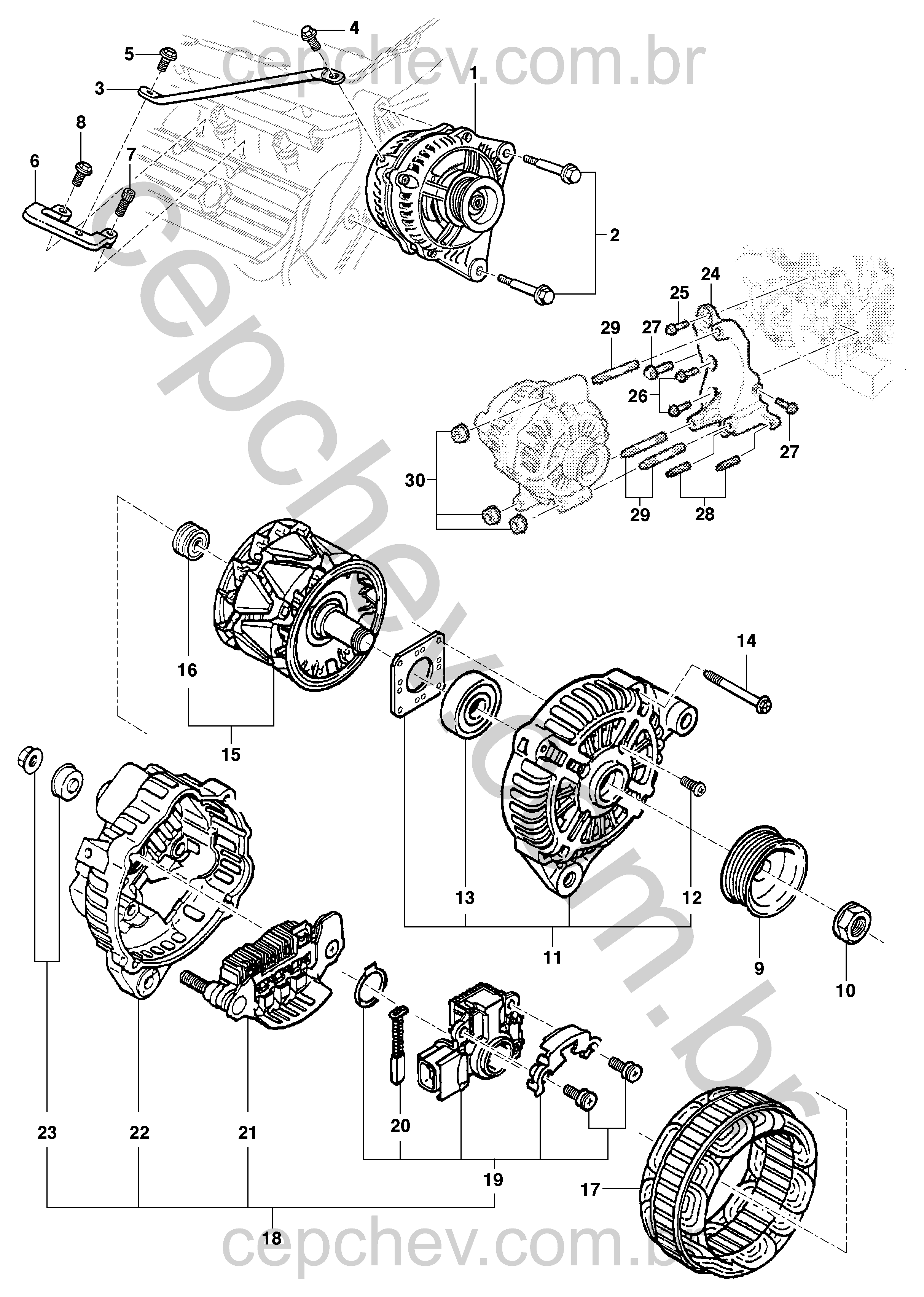 Alternador 120A com regulador, rolamentos, polia e suporte completo