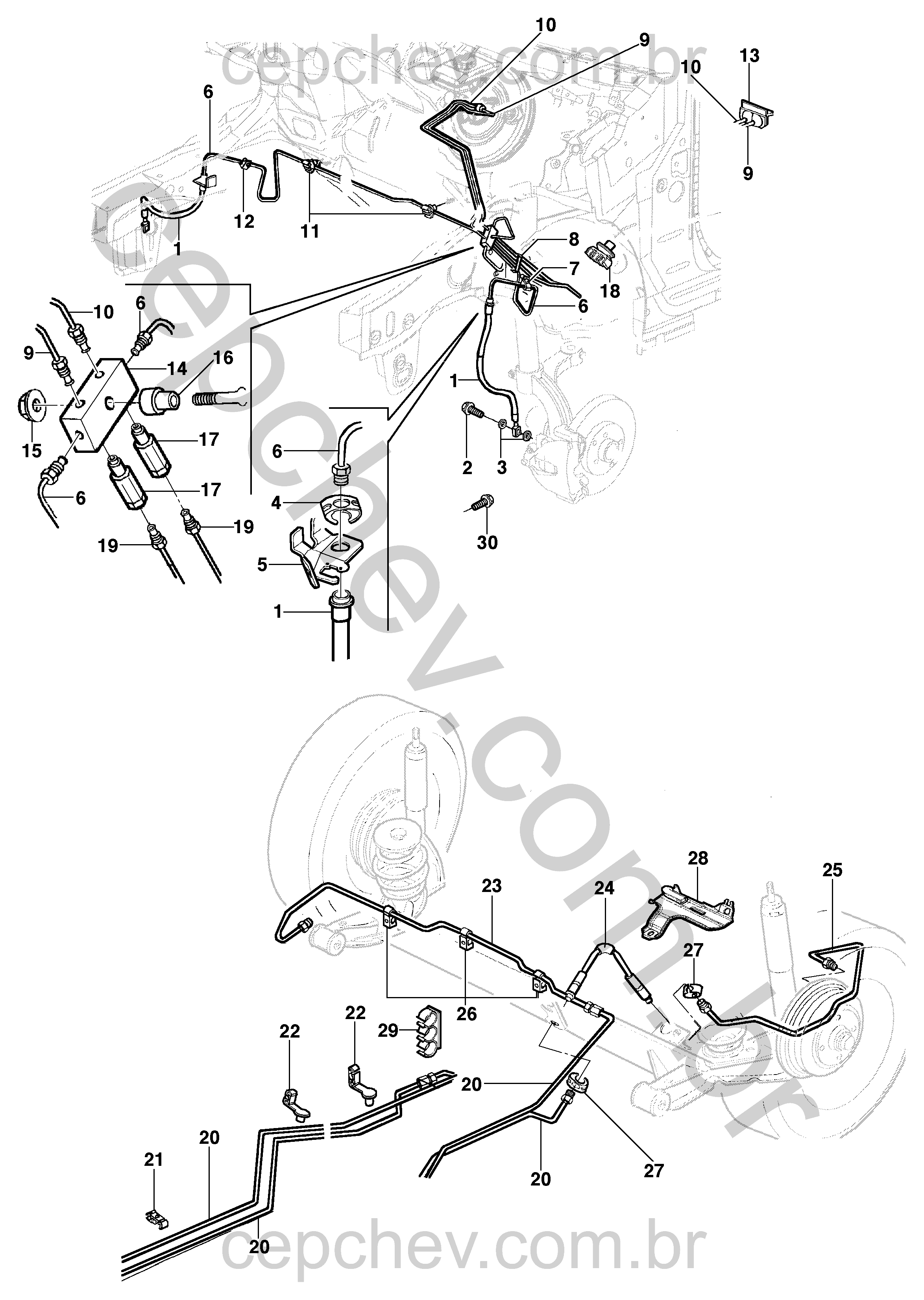 Linha de freio sem ABS para sedan e hatch com tubos, mangueiras e válvulas proporcionadoras