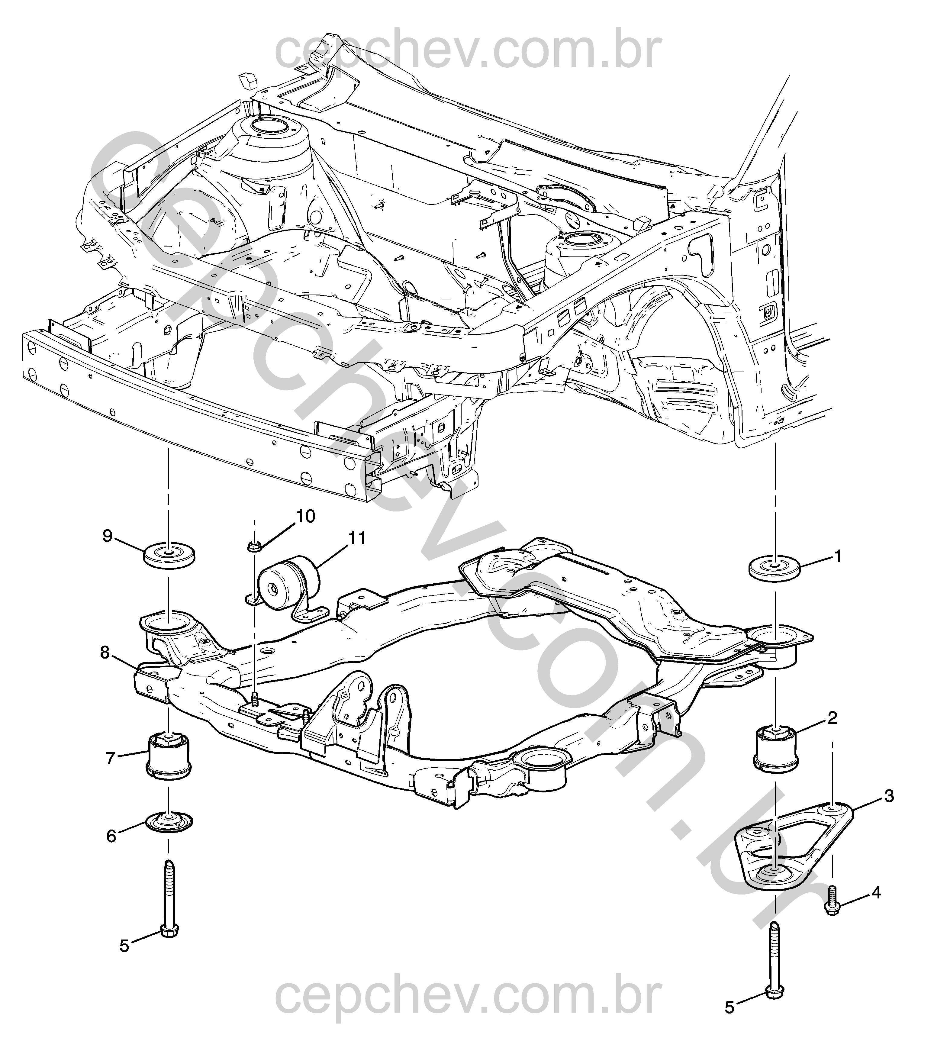 Estrutura e montagem do conjunto motor-transmissão e suspensão dianteira (2010)