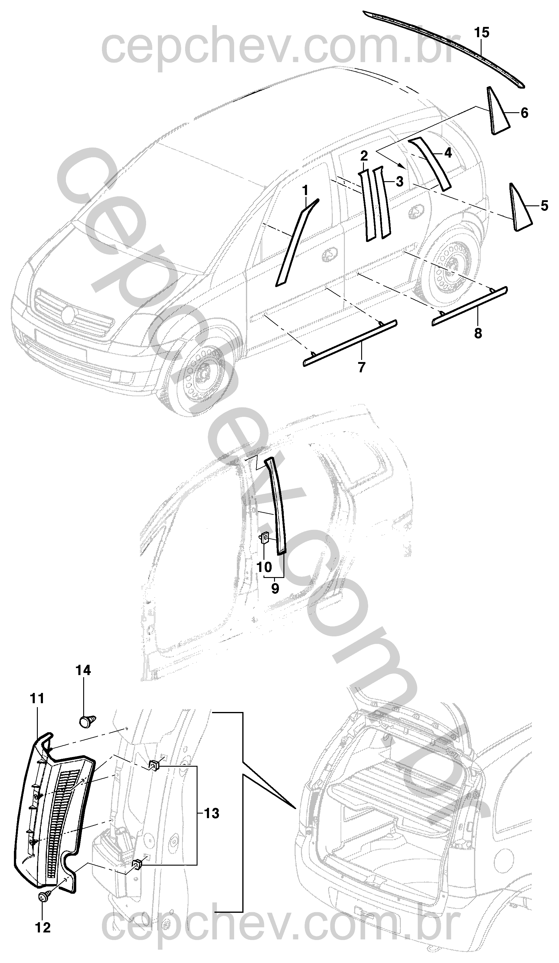 Acabamento externo lateral e traseiro para Meriva com molduras e coberturas