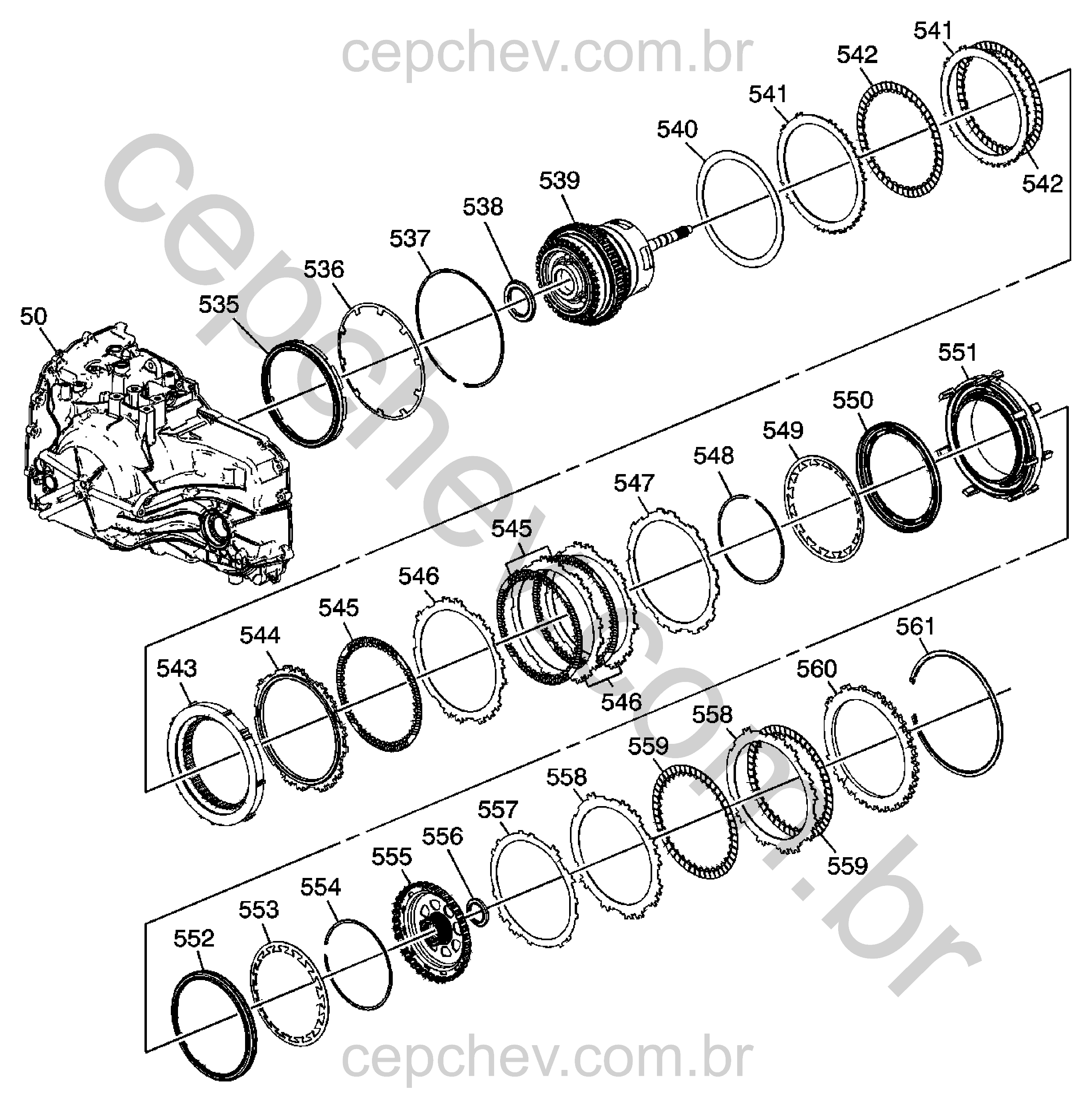 Transmissão automática MH8 com embreagens, placas, êmbolos e rolamentos variados