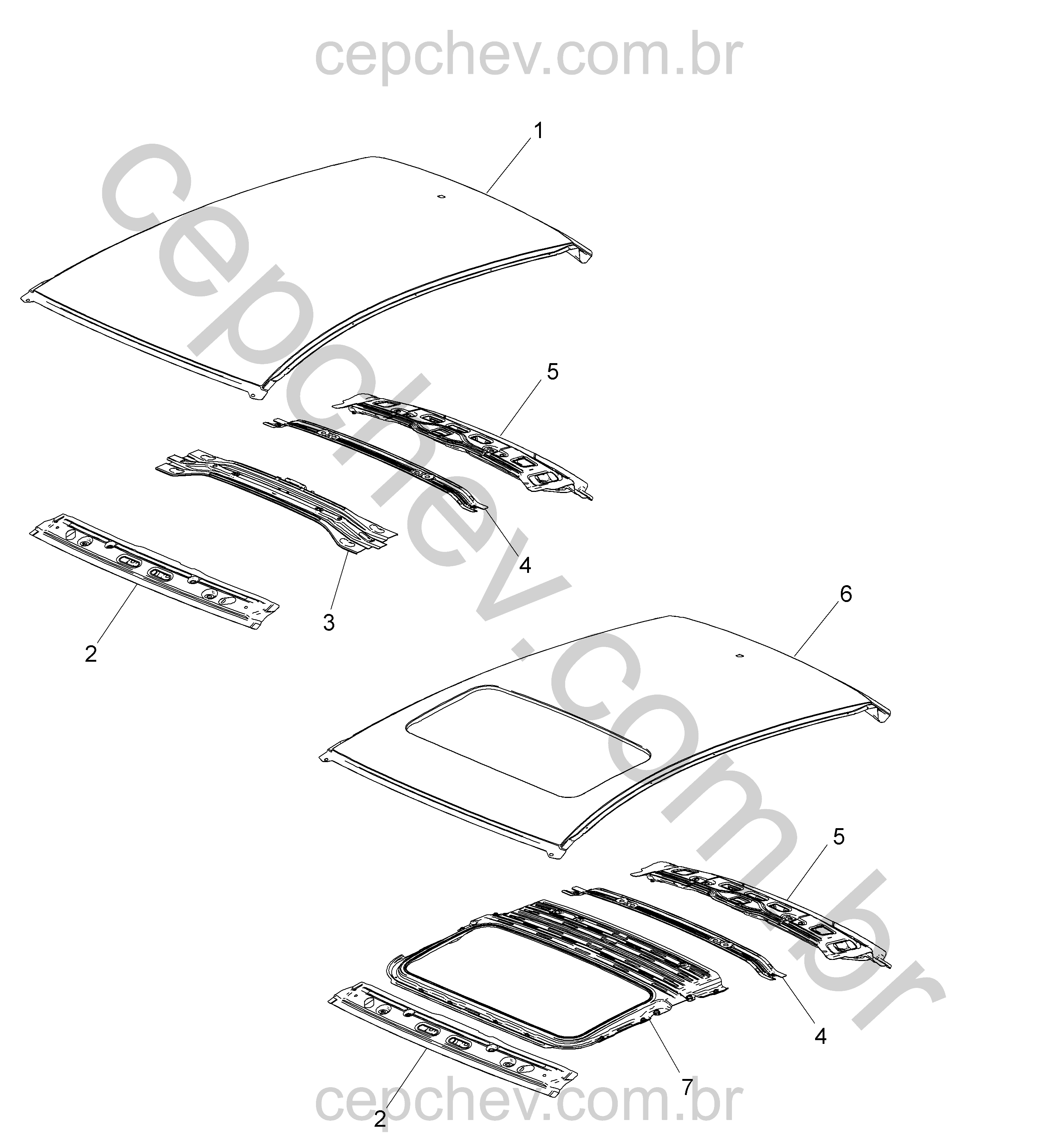 Chapa metal e estrutura do teto com teto solar (CF5)
