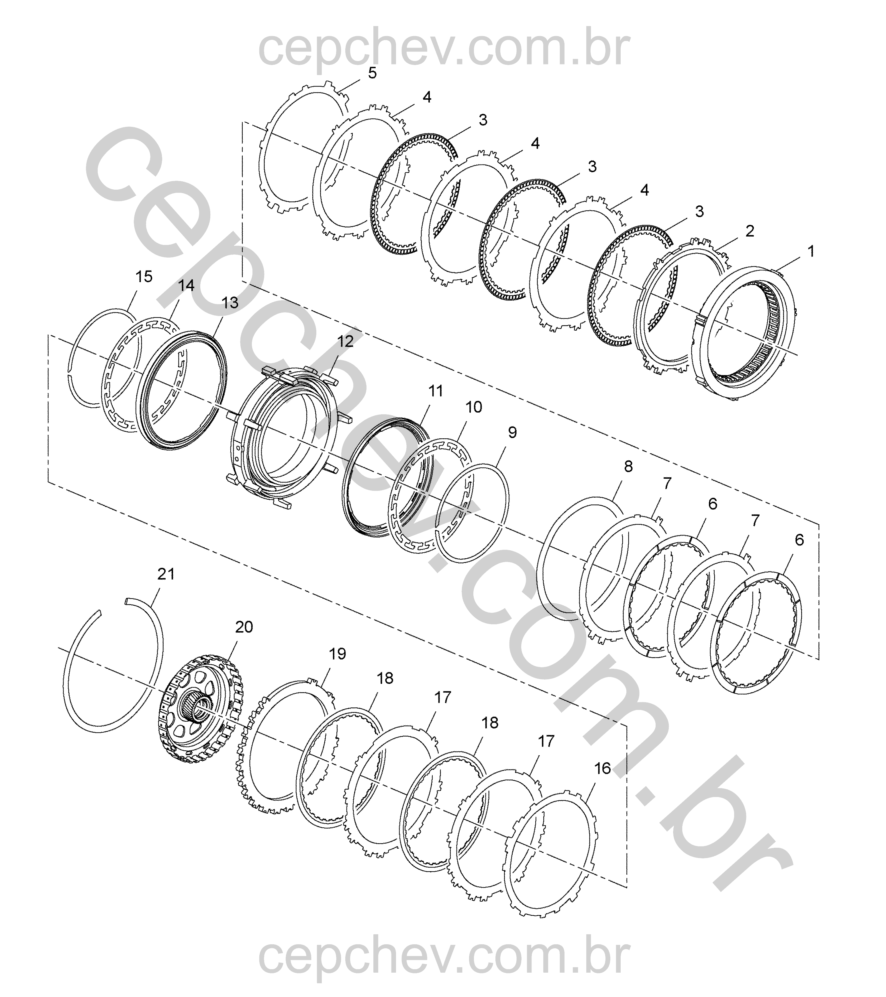 Transmissão automática com discos e componentes de embreagem 1-2-3-4