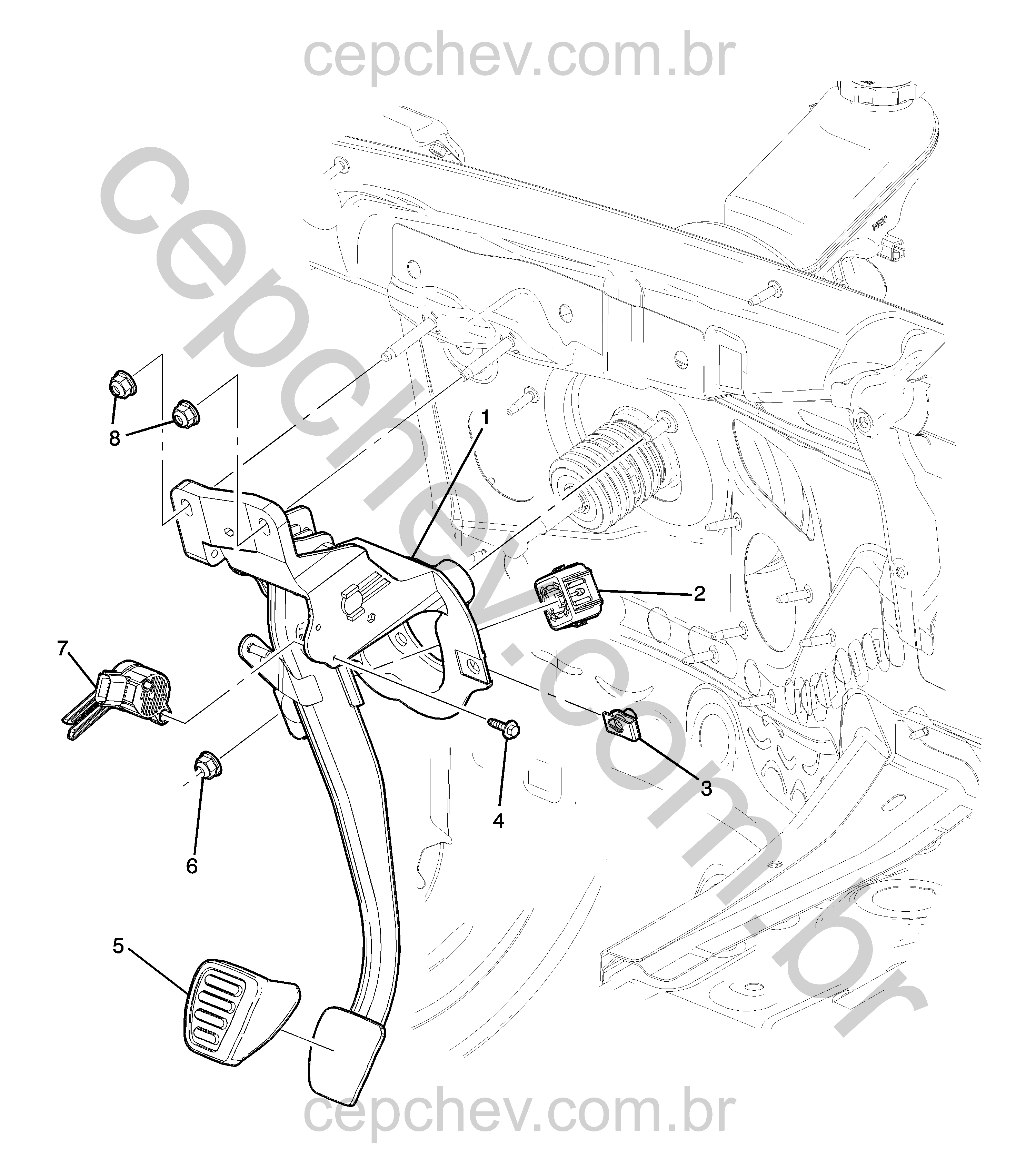 Pedal de freio manual com sensor e componentes de comando e fixação