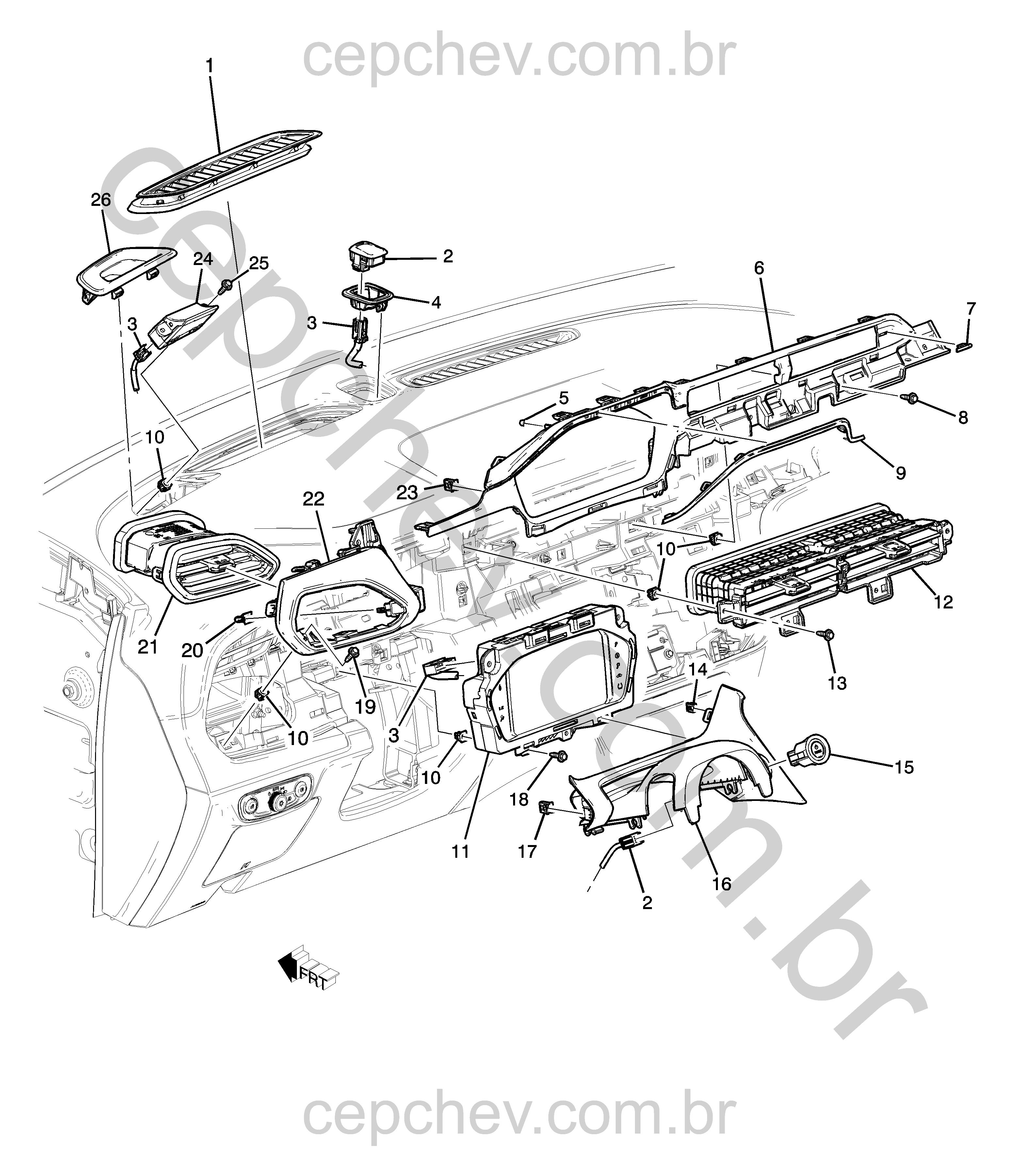 Painel de instrumentos com acabamento, molduras, saídas de ar e mostradores diversos