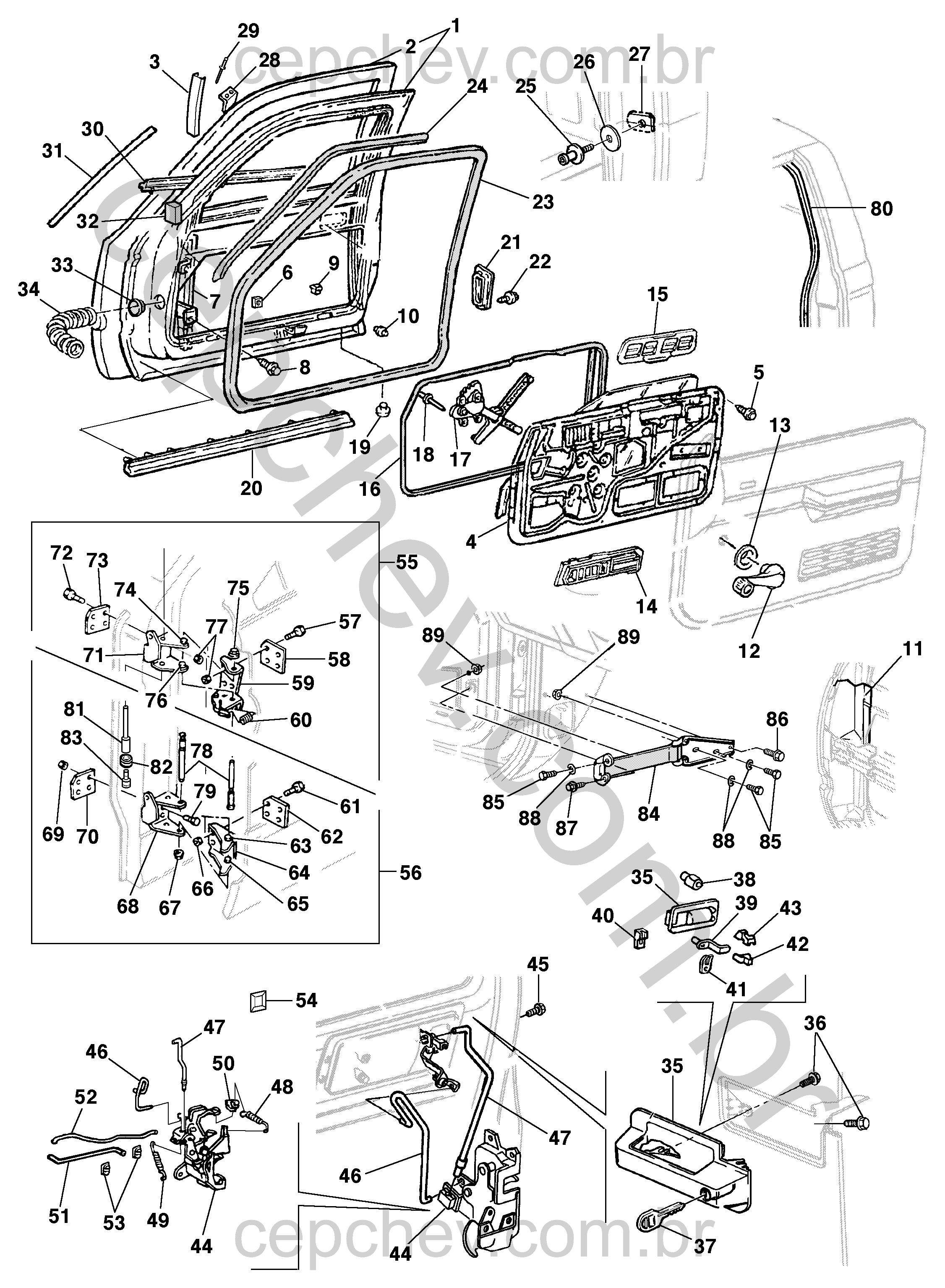 Porta dianteira e componentes internos e externos dos modelos 12–16