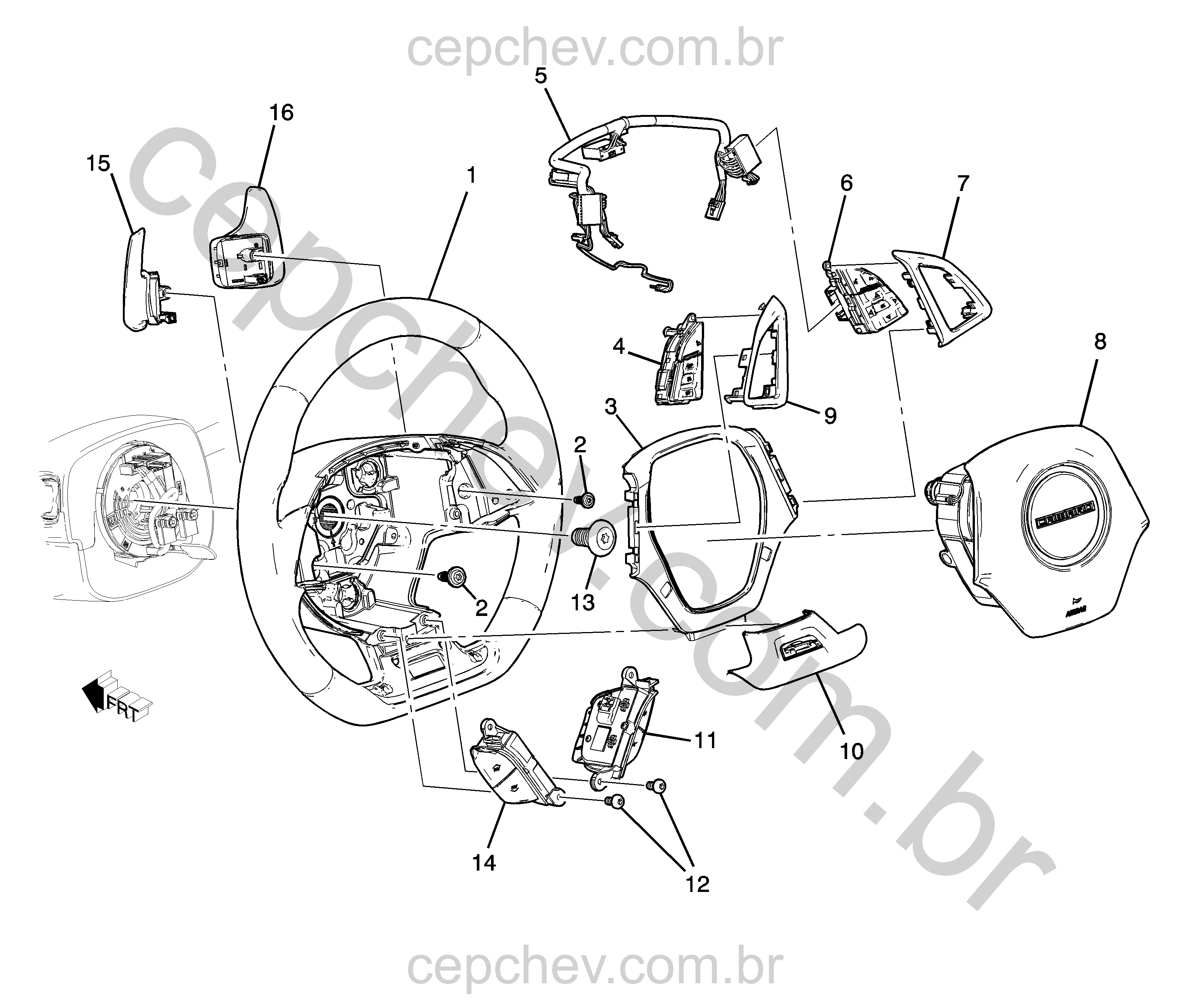 Volante de direção com controle manual, rádio, airbag e chicote elétrico