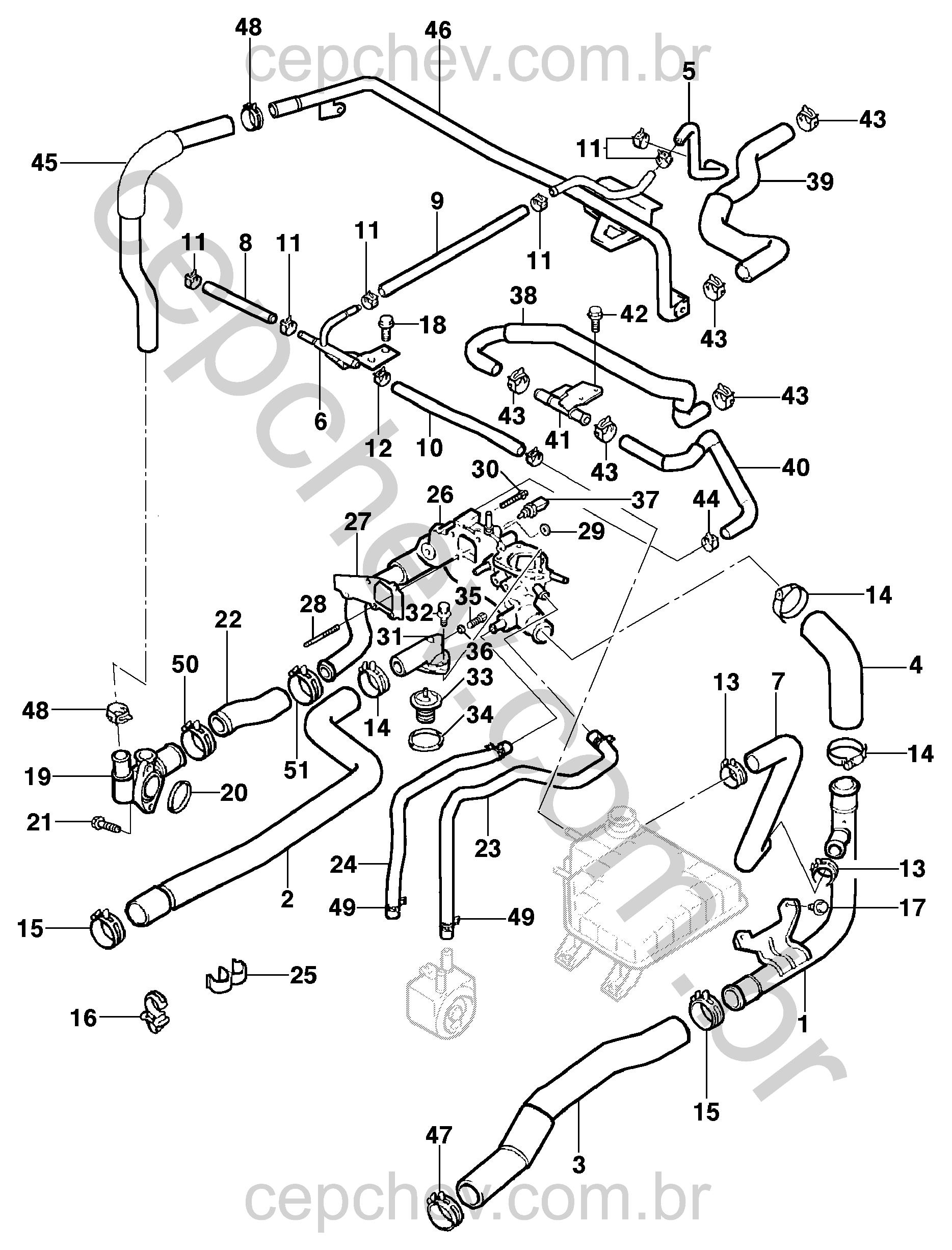 Mangueiras e componentes do sistema de arrefecimento motor diesel (2002–2004)