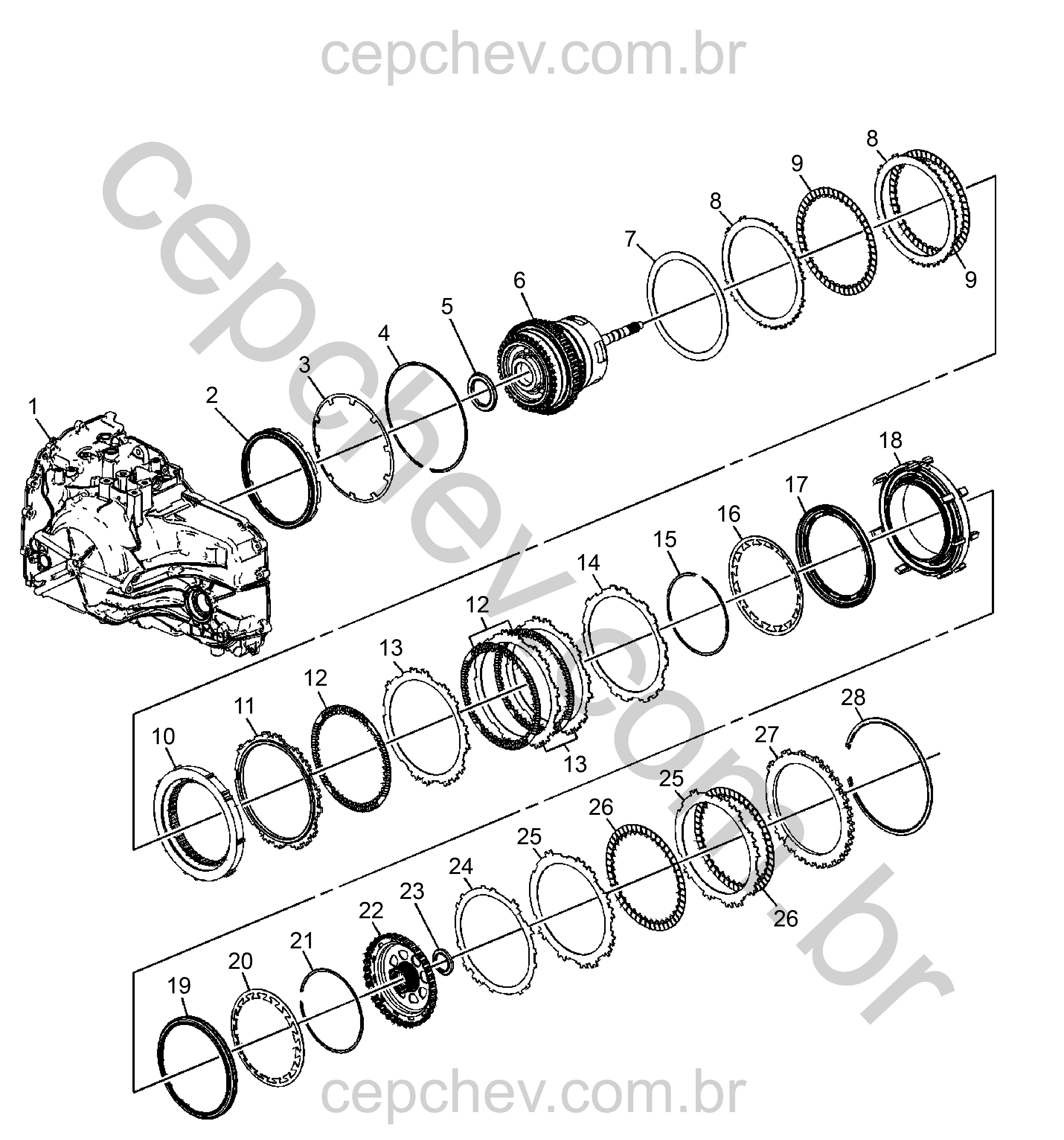 Transmissão automática e placas de embreagem 1-2-3-4, 2-6, ré e marcha lenta