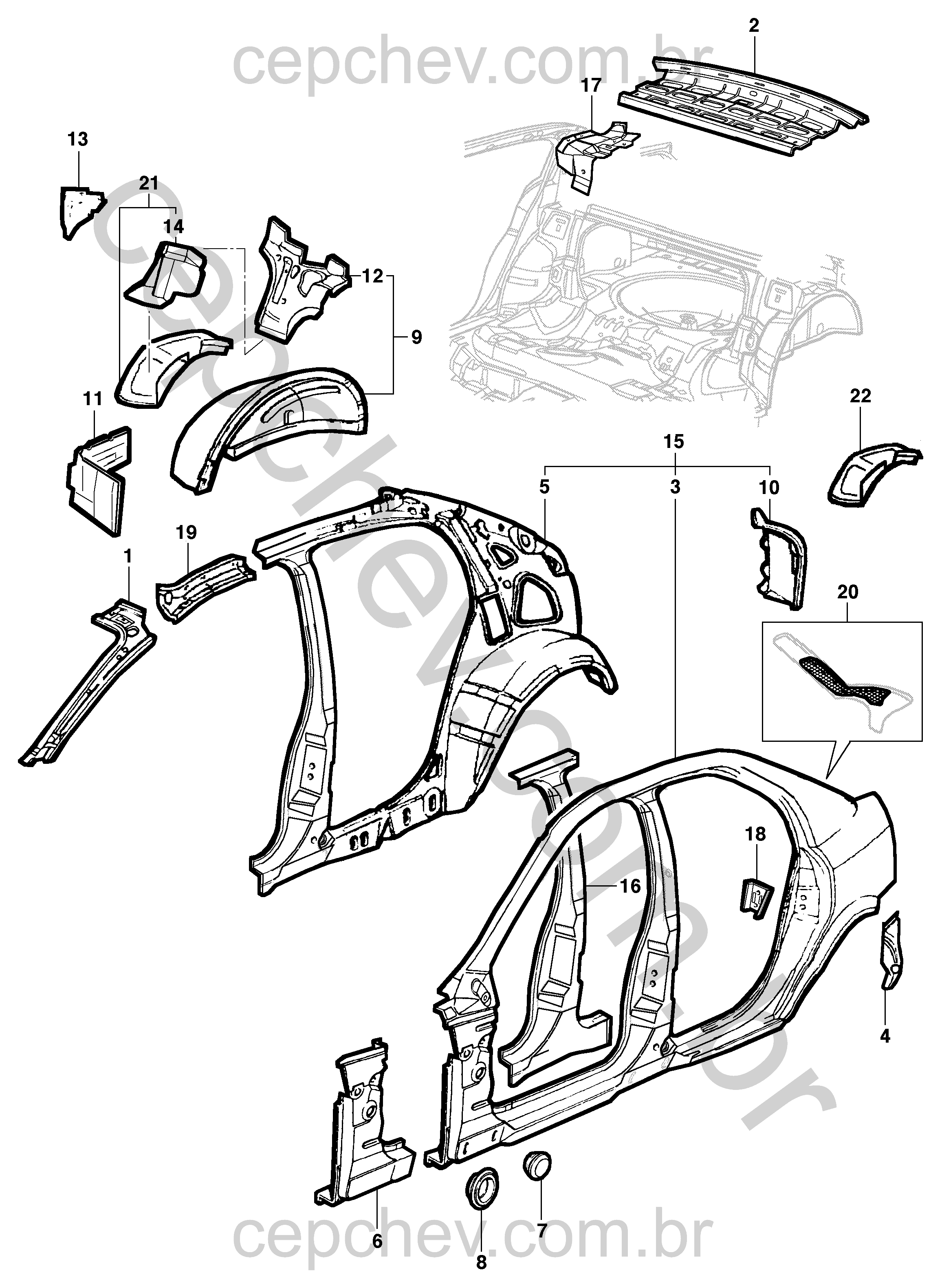 Estrutura lateral, interna e traseira para carroceria sedan
