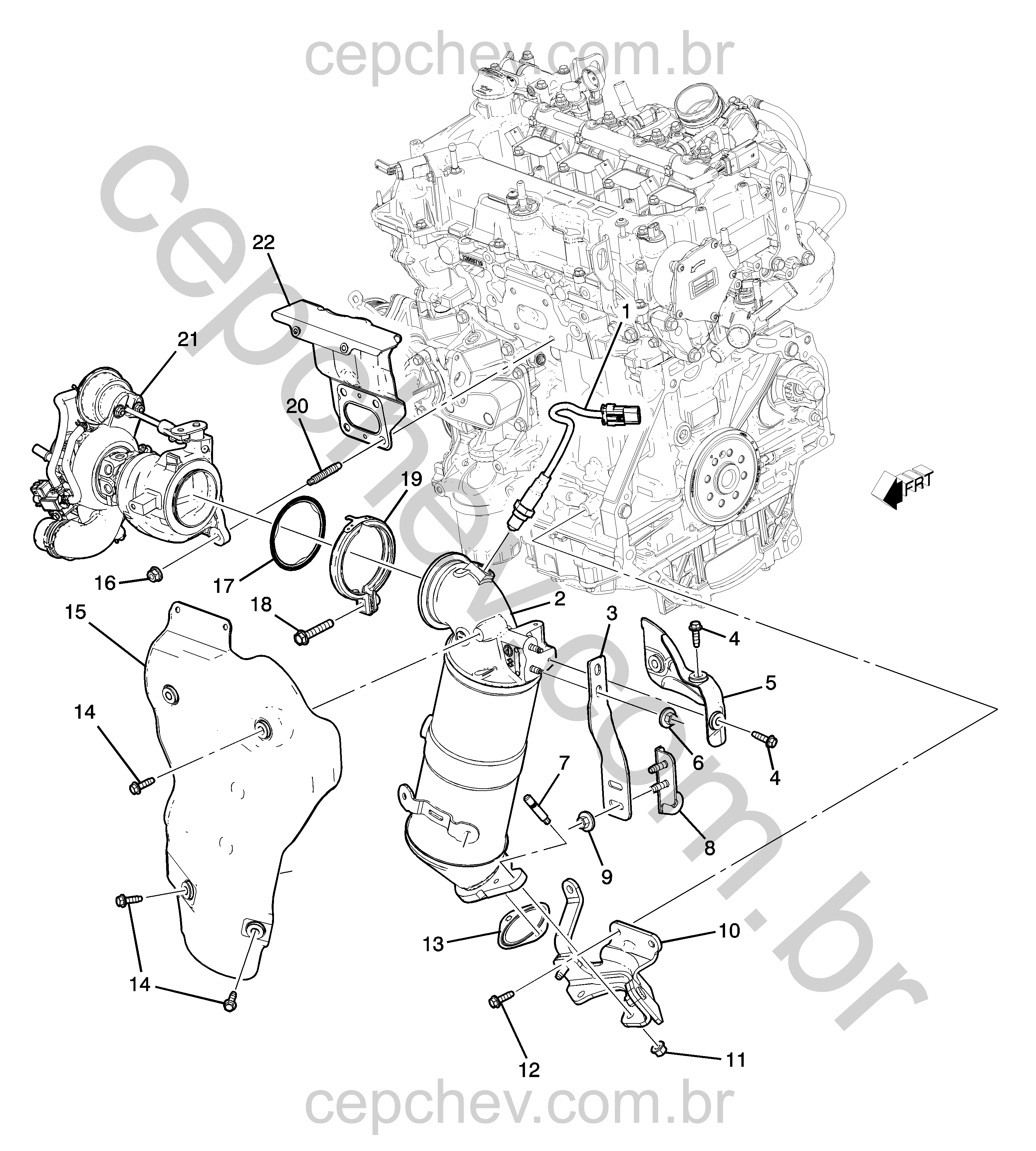 Conjunto motor 1.5L L4 com coletor, turbo e sistema escapamento (2022–2024)