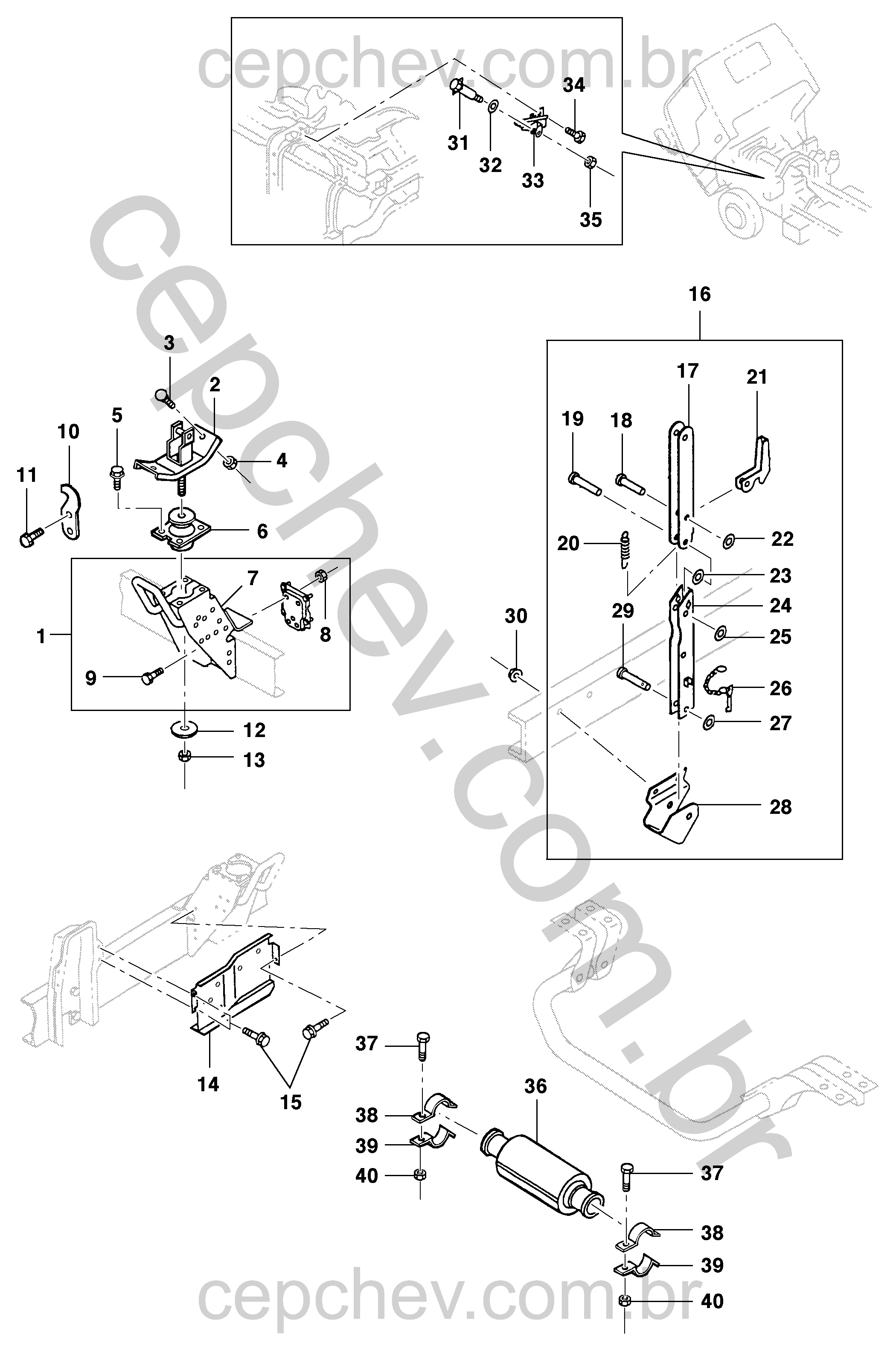 Fixação, suporte e montagem da cabina com hastes, pinos, porcas e painéis