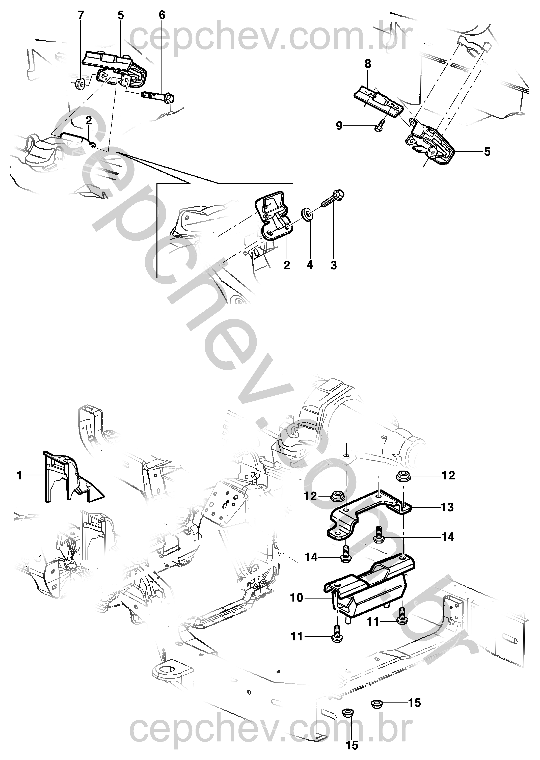 Montagem e suportes do motor L35, LG3 e LW9 com fixações e coxins