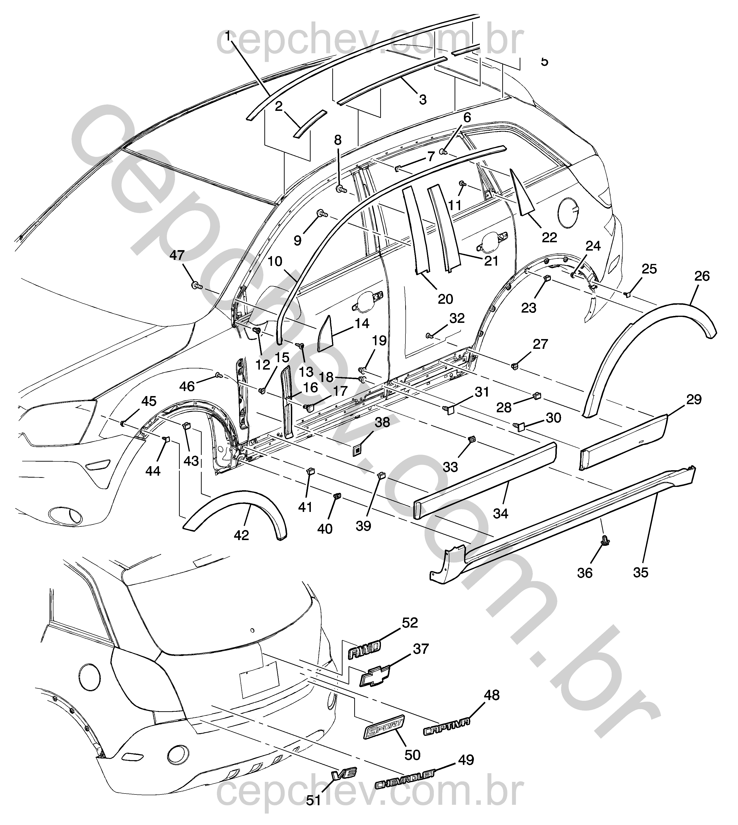 Molduras e peças de carroceria para V9F, V9G e V9H (2008–2009)