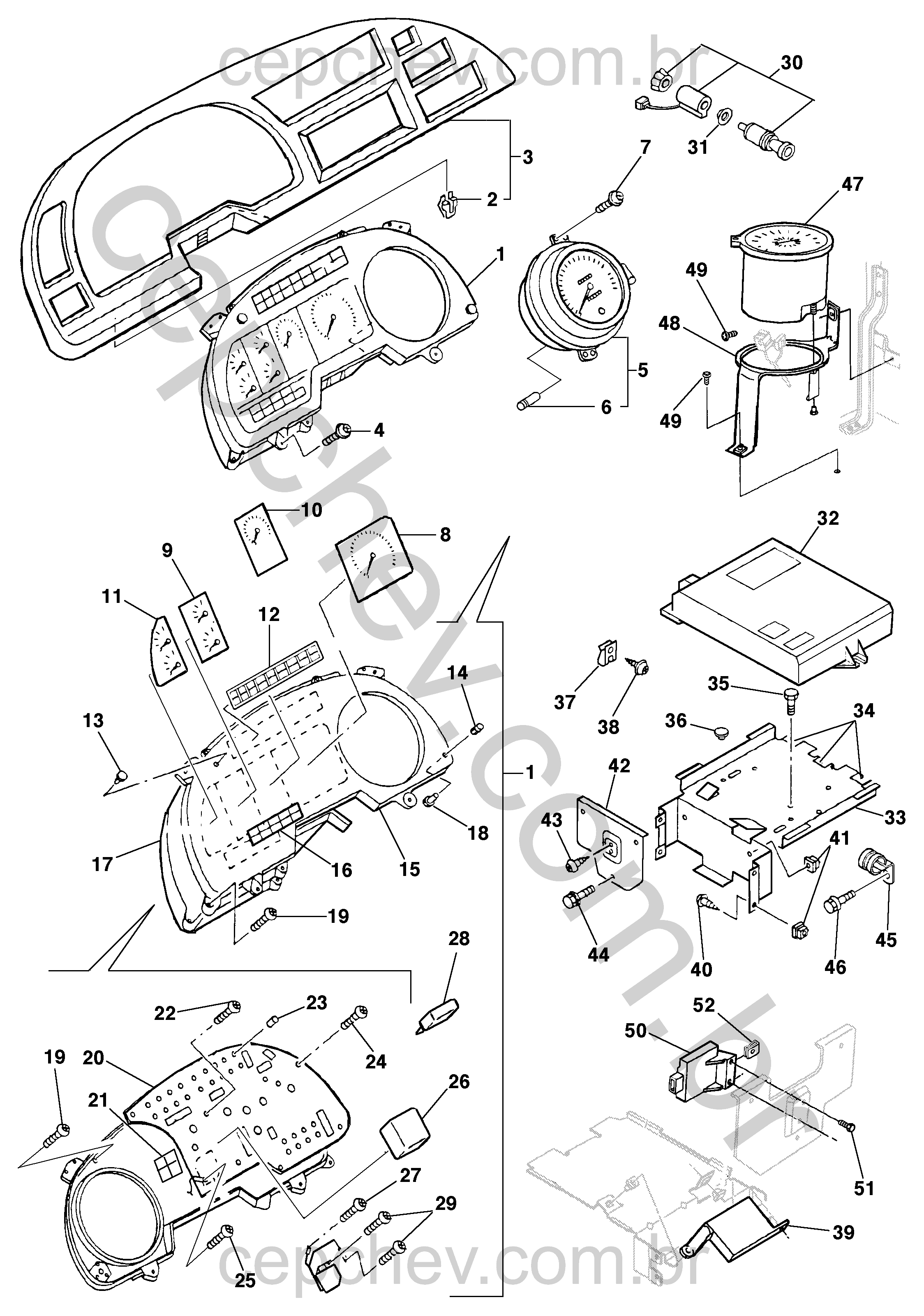 Painel de instrumentos completo com medidores, lâmpadas e controles do modelo 15