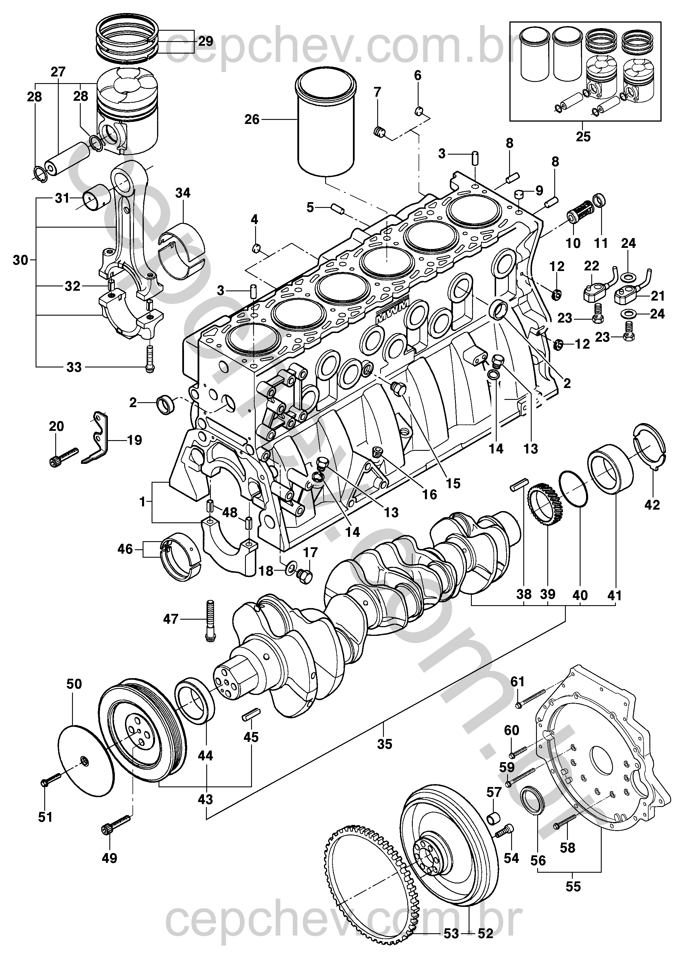 Bloco do motor diesel LA5 MWM e componentes internos essenciais