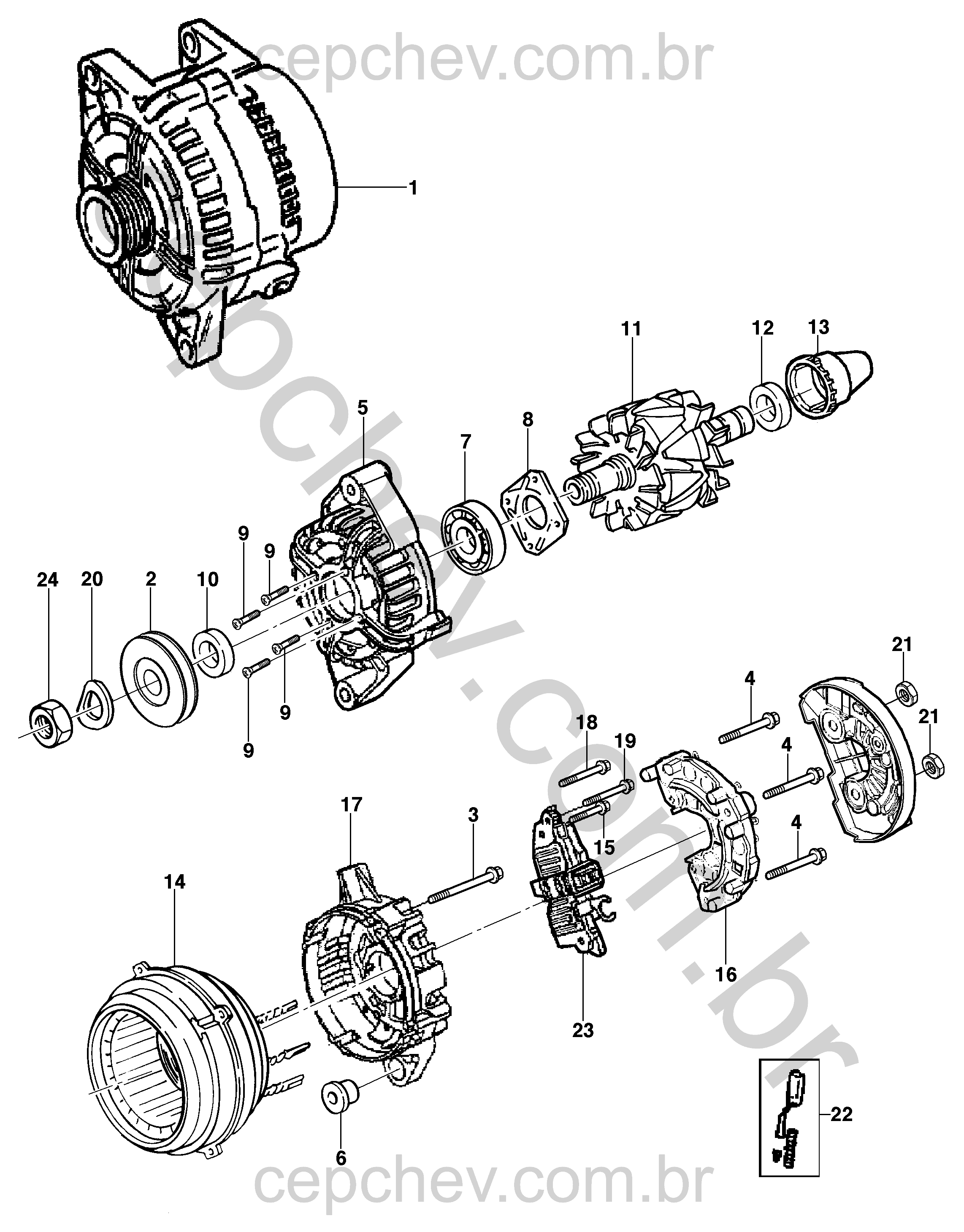 Conjunto gerador 70A com regulador, rotor, estator e acessórios completos