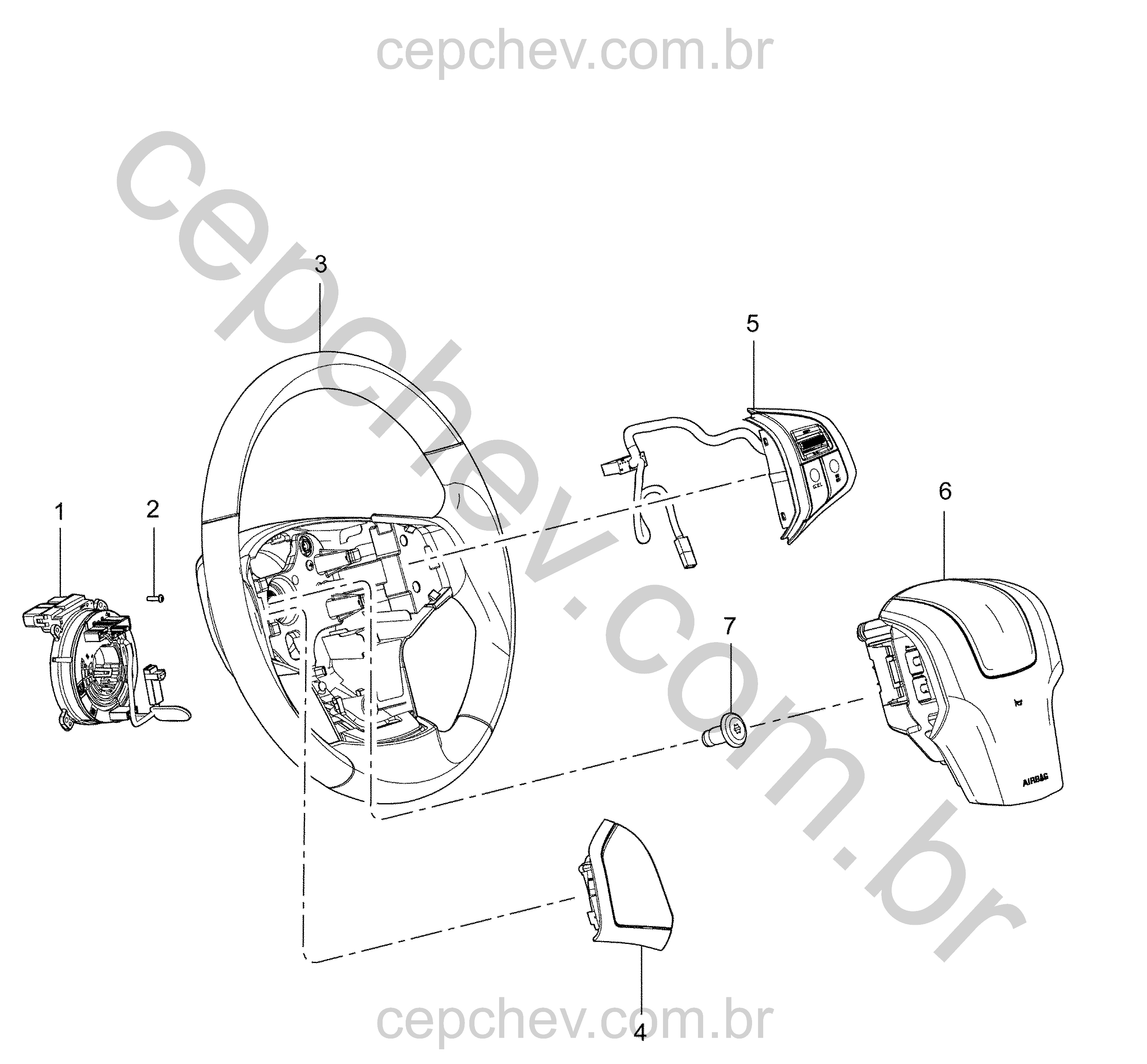 Volante de direção com airbag, bobina e componentes de fixação
