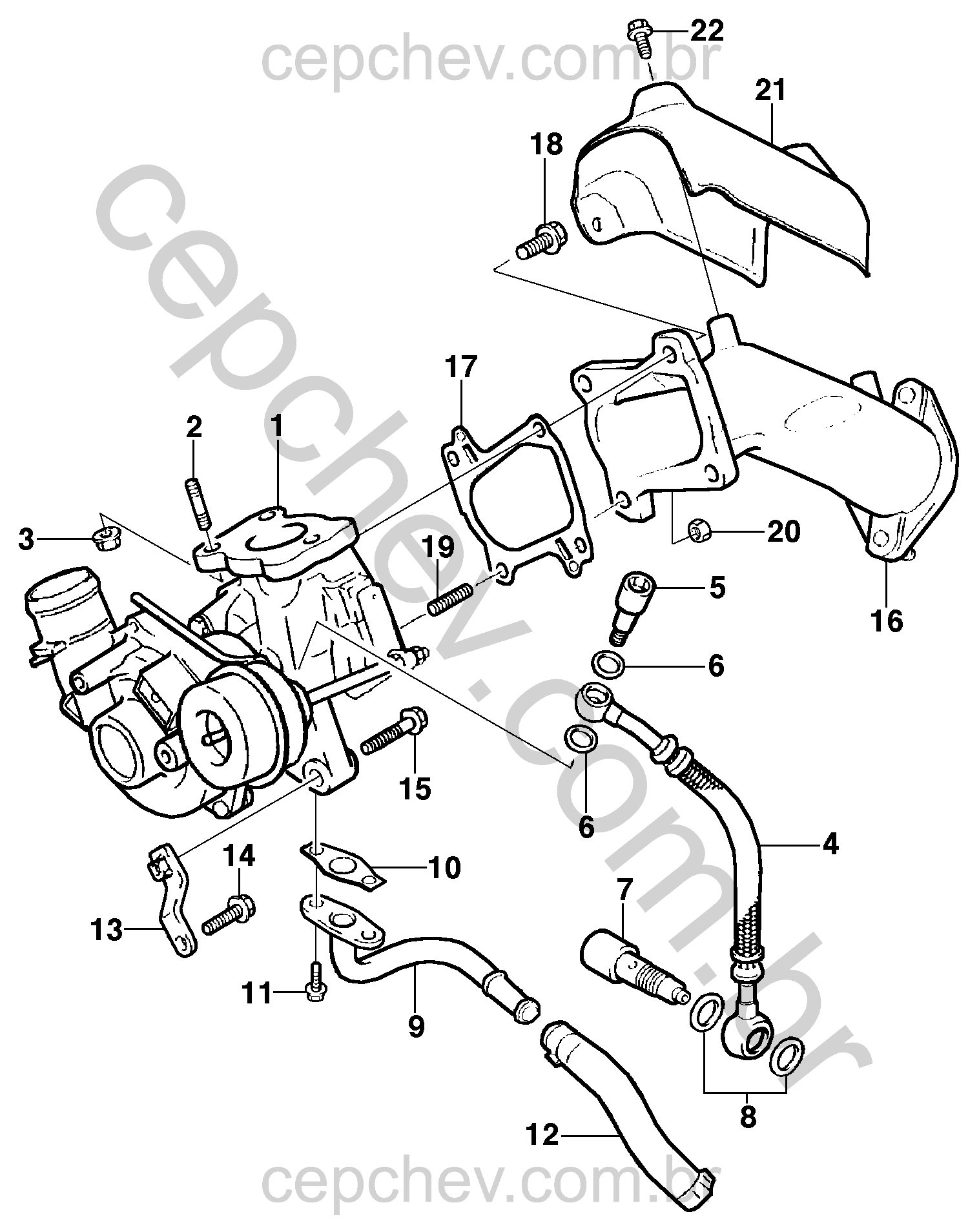 Turbo-compressor motor diesel (2002–2004) e componentes de óleo e escapamento
