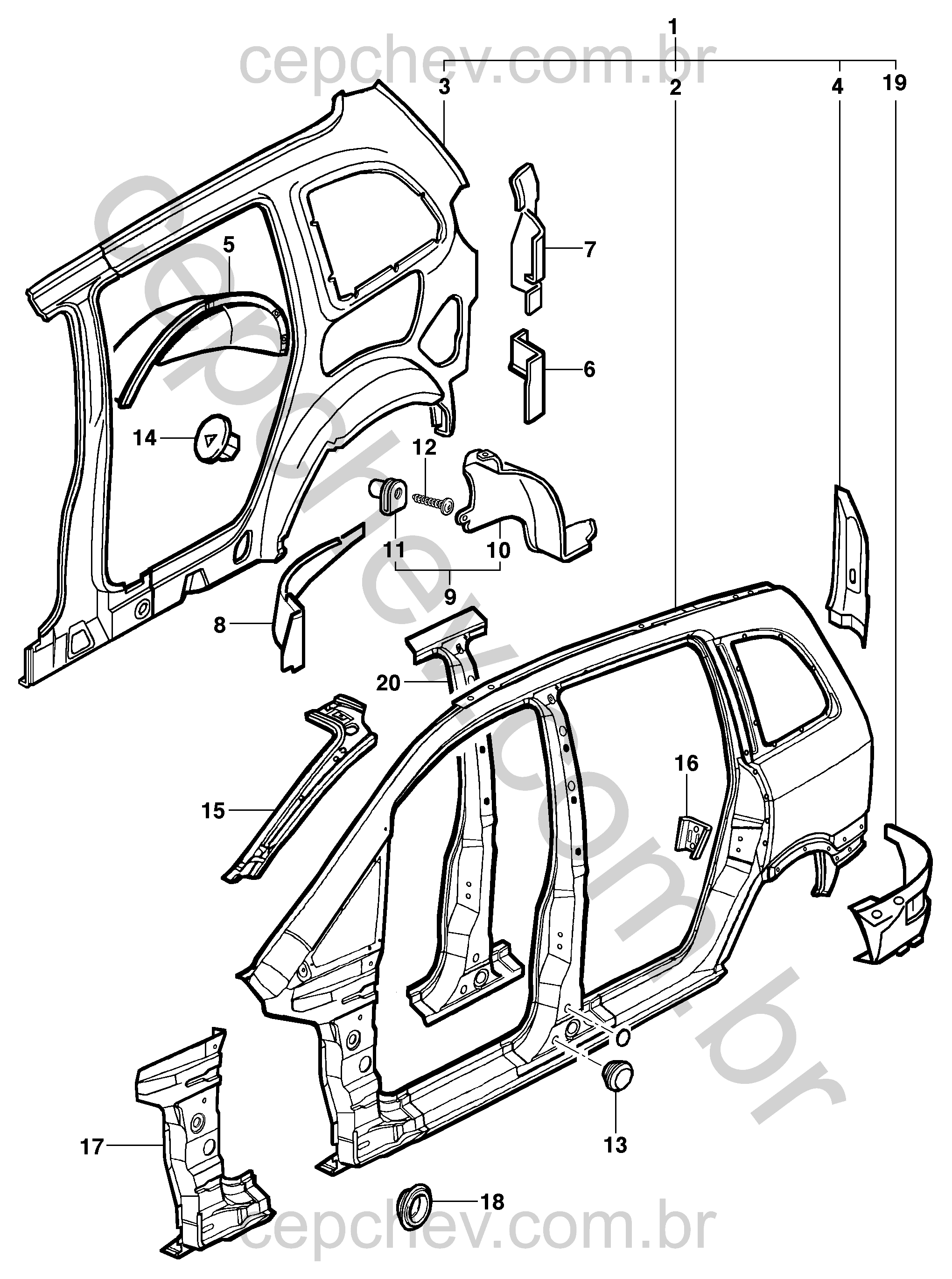 Estrutura lateral, interna e traseira da carroceria (Zafira)