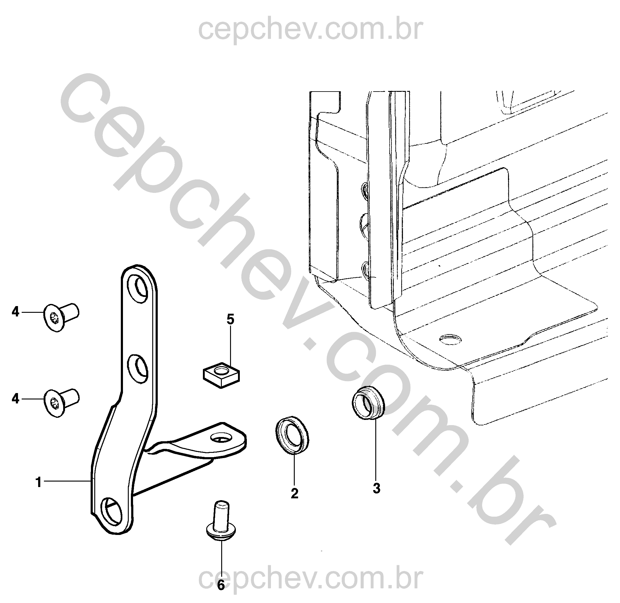 Componentes físicos da tampa traseira e trava inferior da porta (LHD)