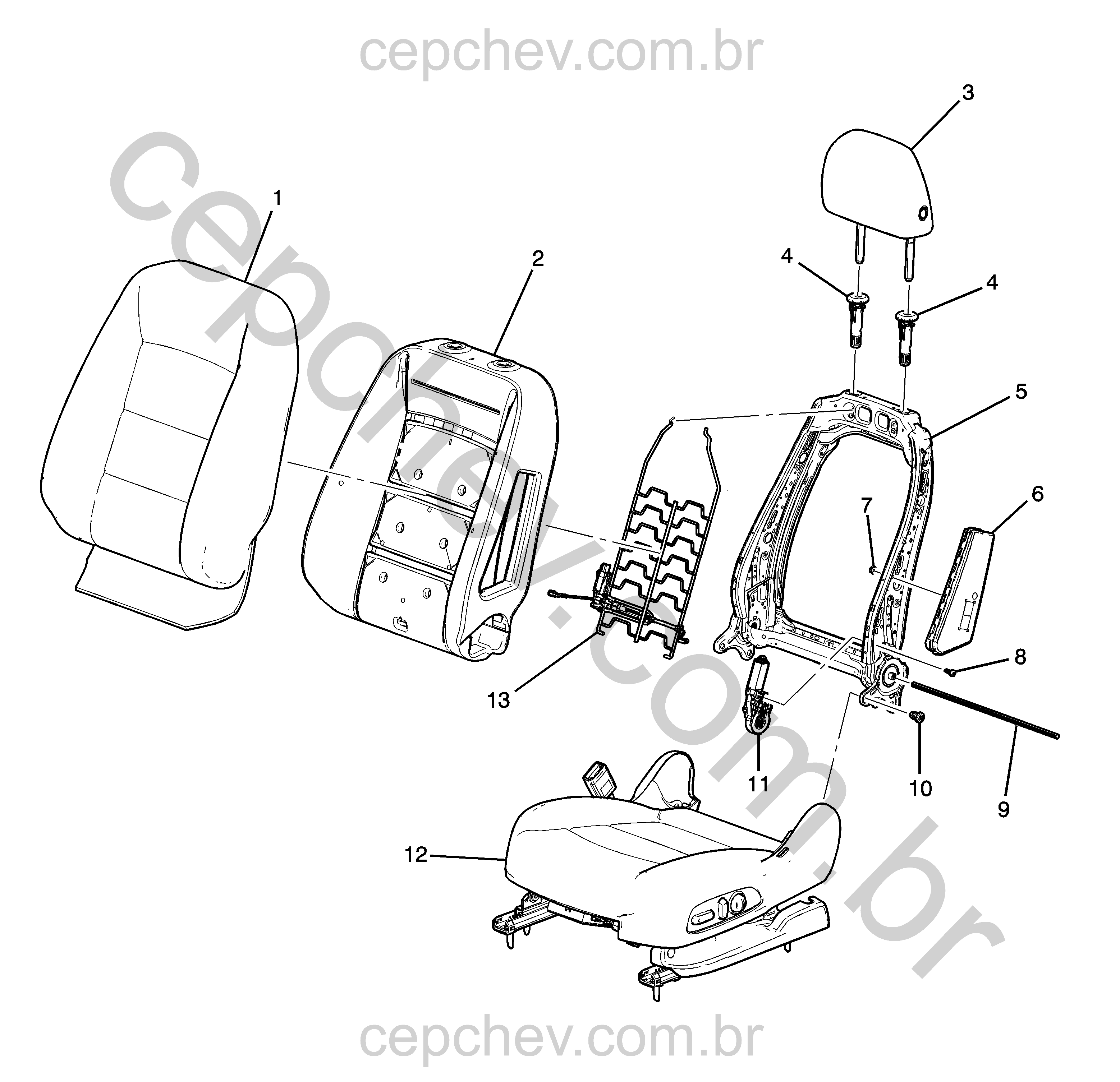 Conjunto banco dianteiro esquerdo com estrutura, almofada, encosto e motor reclinador