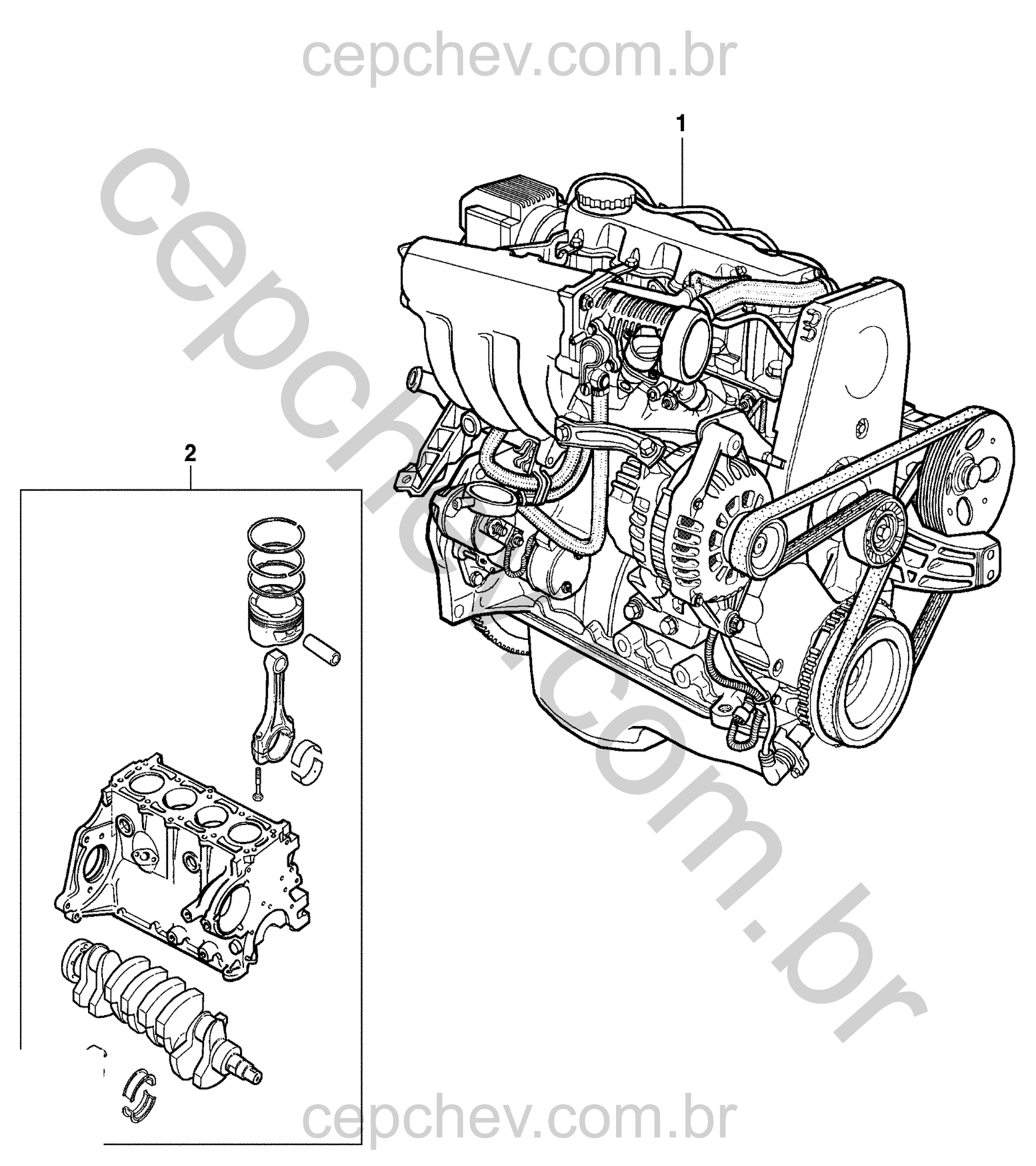 Conjunto motor e motor parcial 1.0 L e 1.4 L (61 e 86 CID)