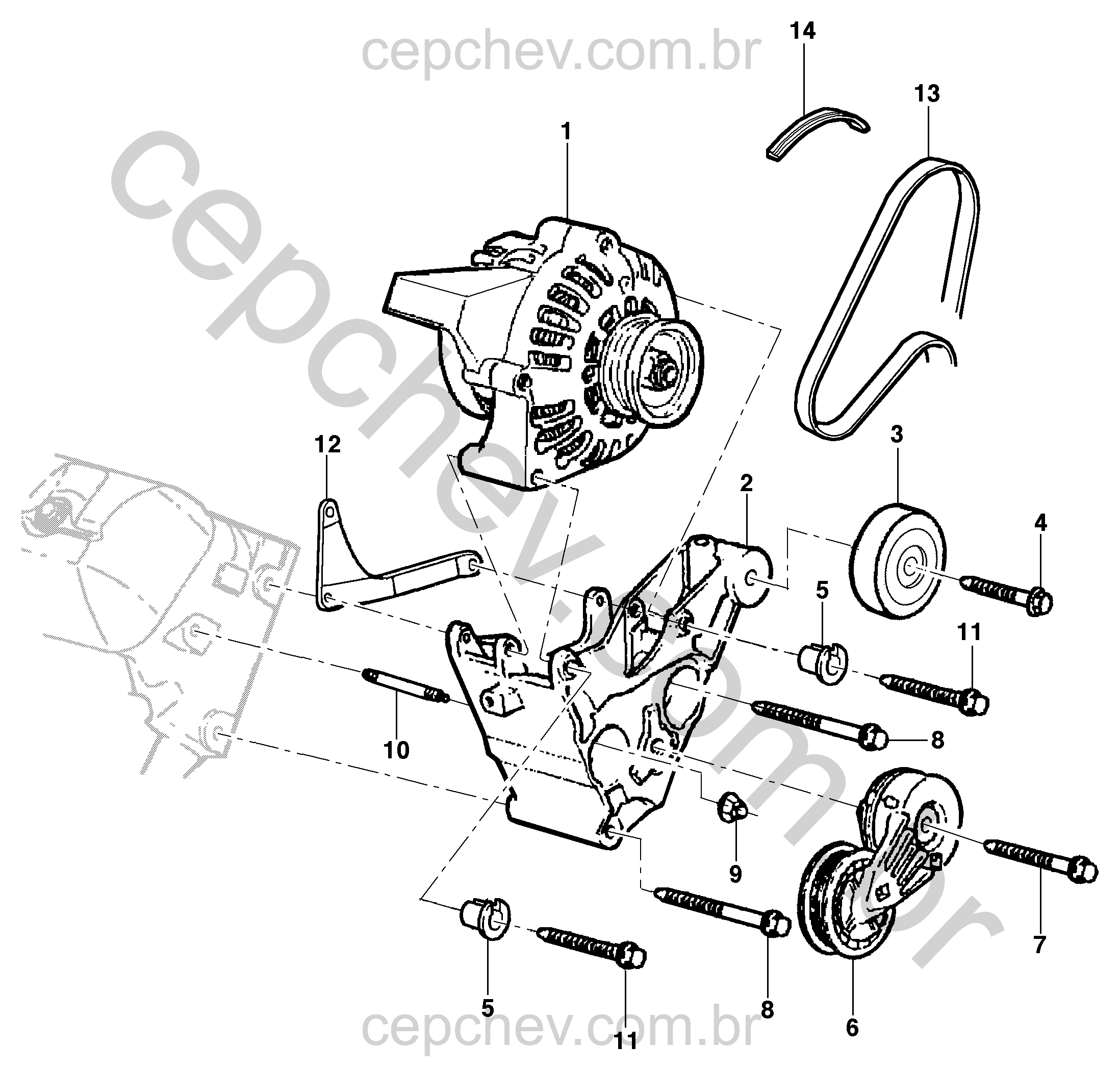 Fixação do alternador e componentes do motor L35/LG3/LW9