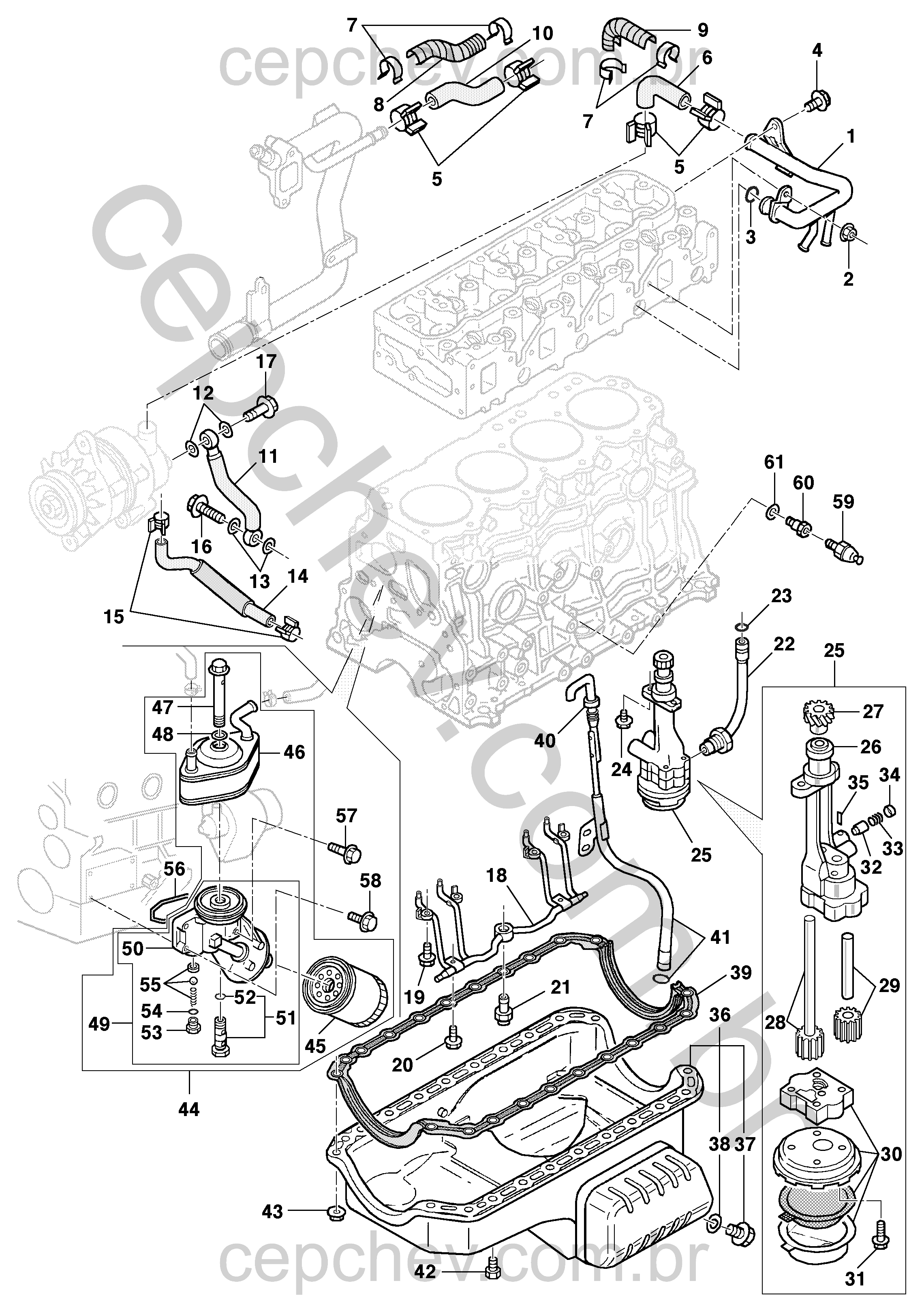 Lubrificação do motor com cárter, bomba e filtro de óleo completos