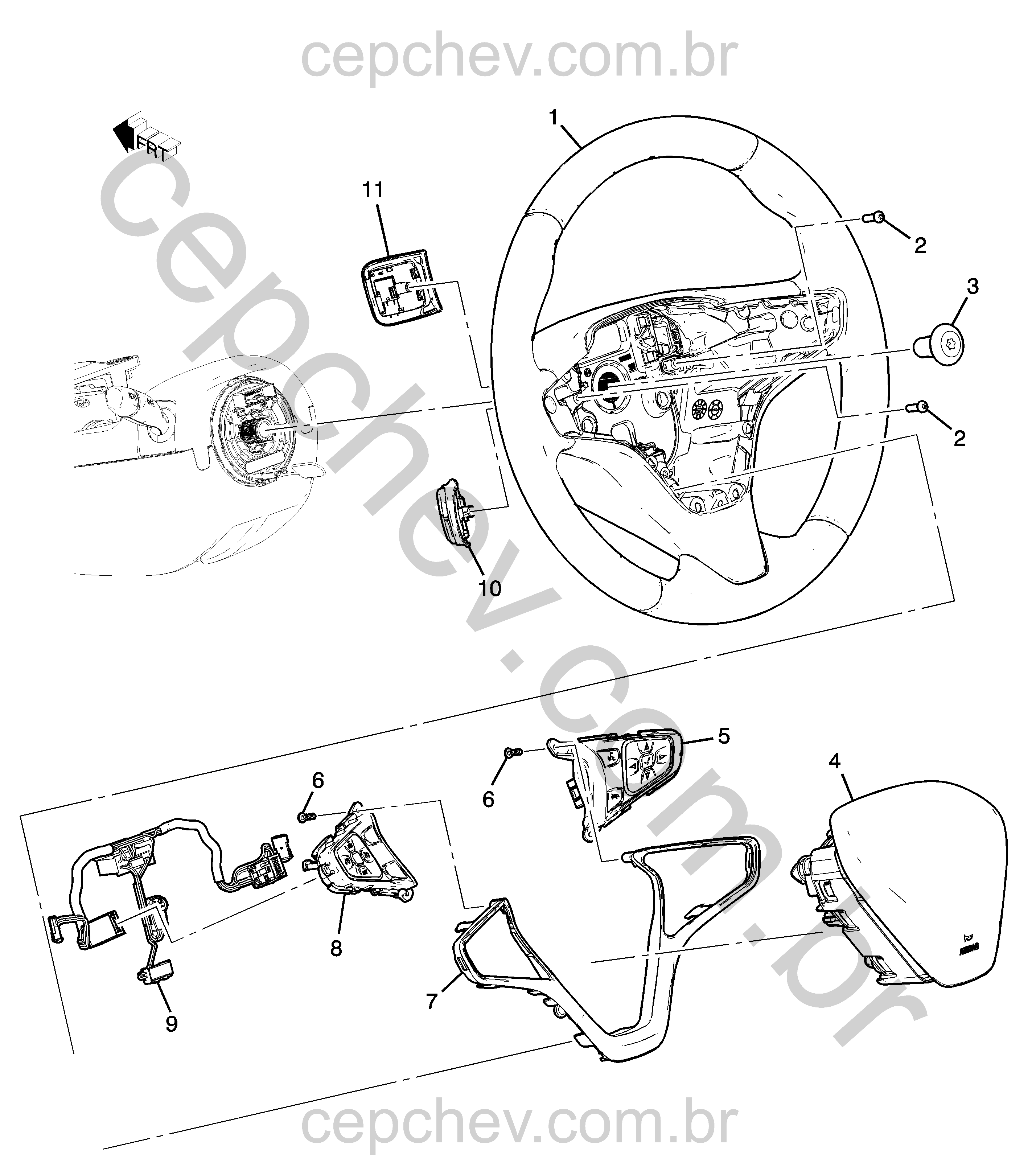 Volante de direção, airbag, controles e fiação elétrica do sistema de buzina