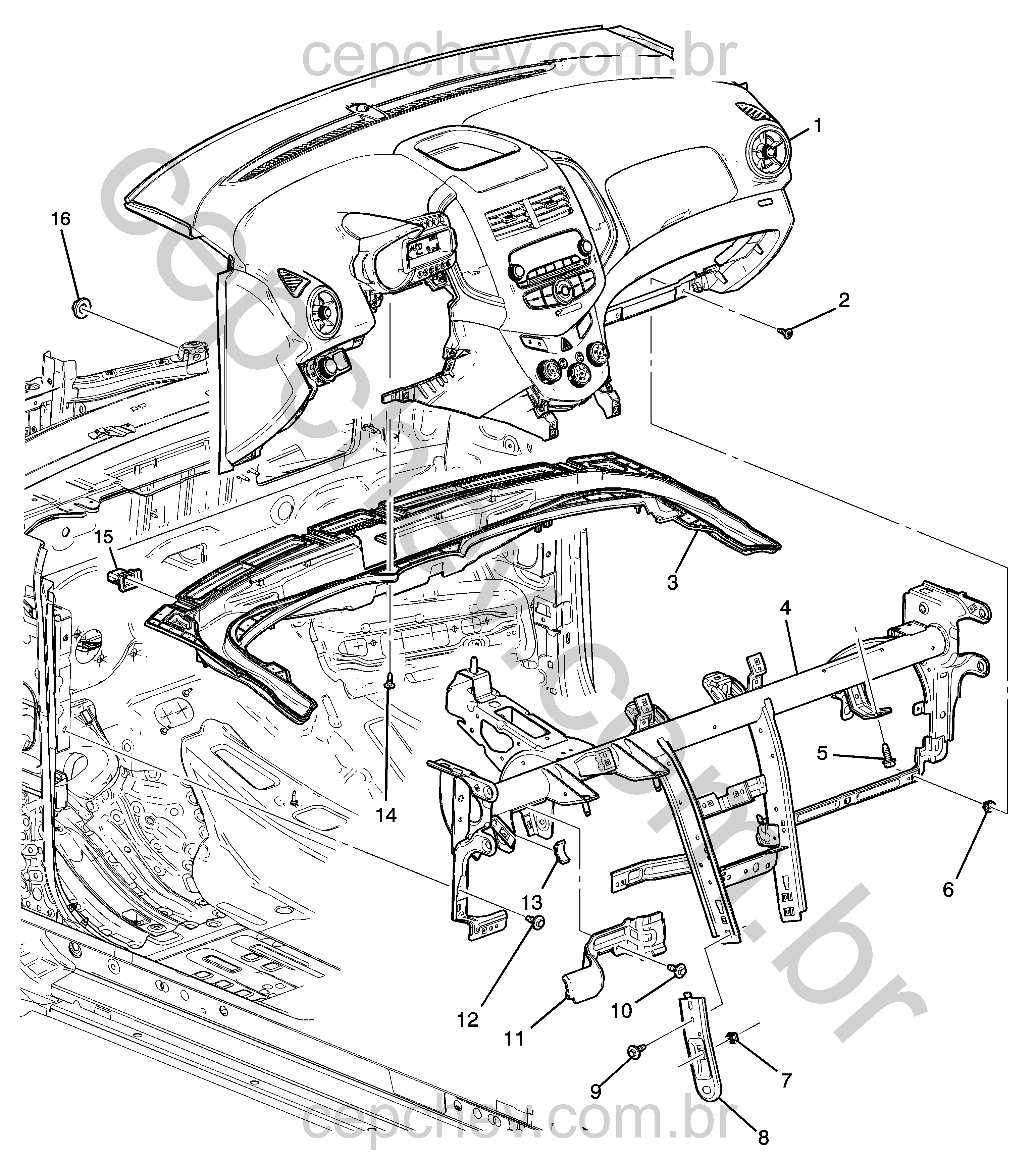 Suportes e fixação do painel de instrumentos (2012–2013)