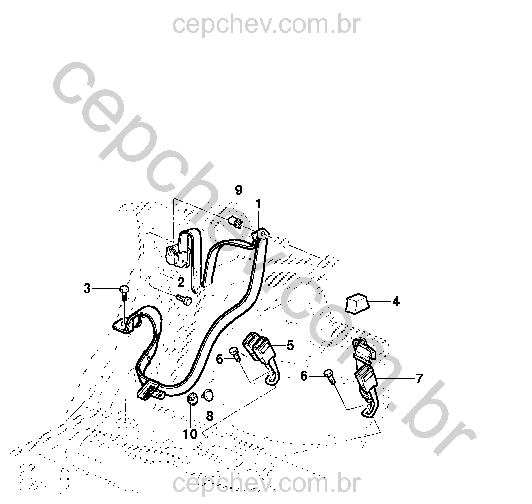 Cintos de segurança traseiros (2010) para bancos e acessórios de fixação