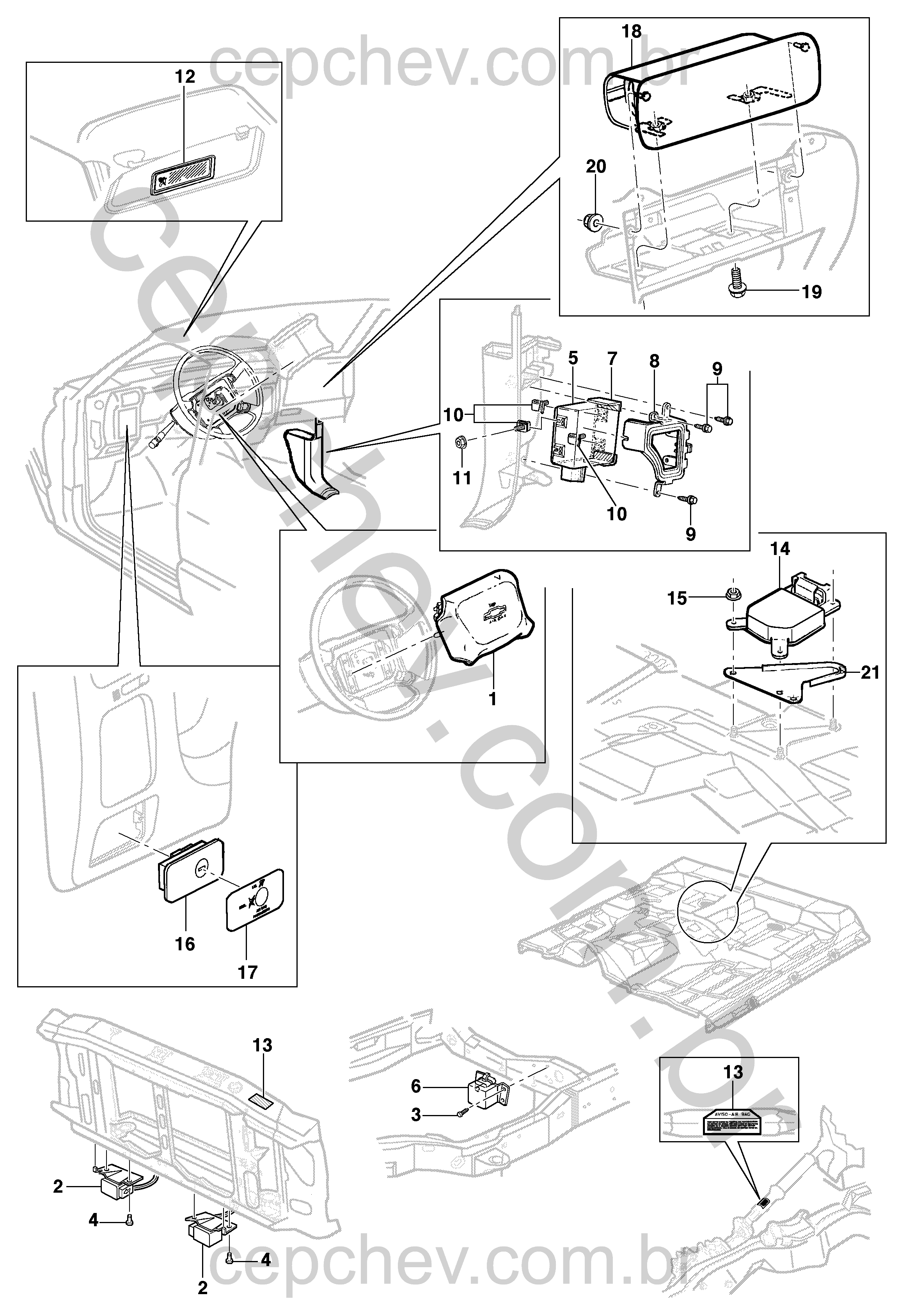 Sistema airbag com componentes para volante e painel de instrumentos