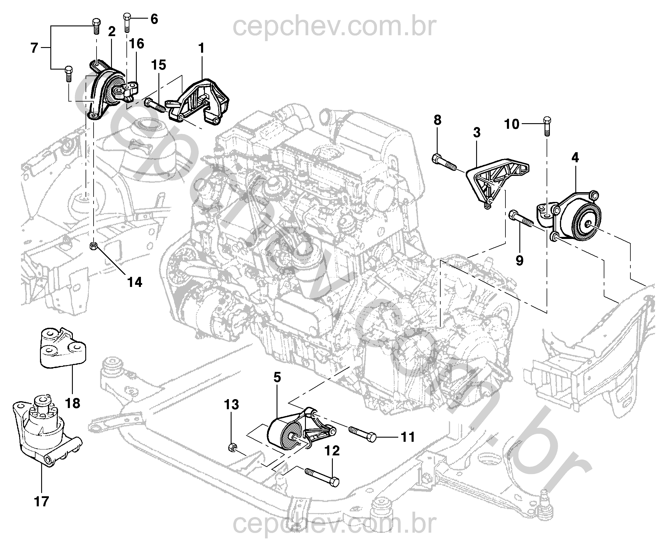 Fixação e suportes do motor diesel com coxins e parafusos essenciais