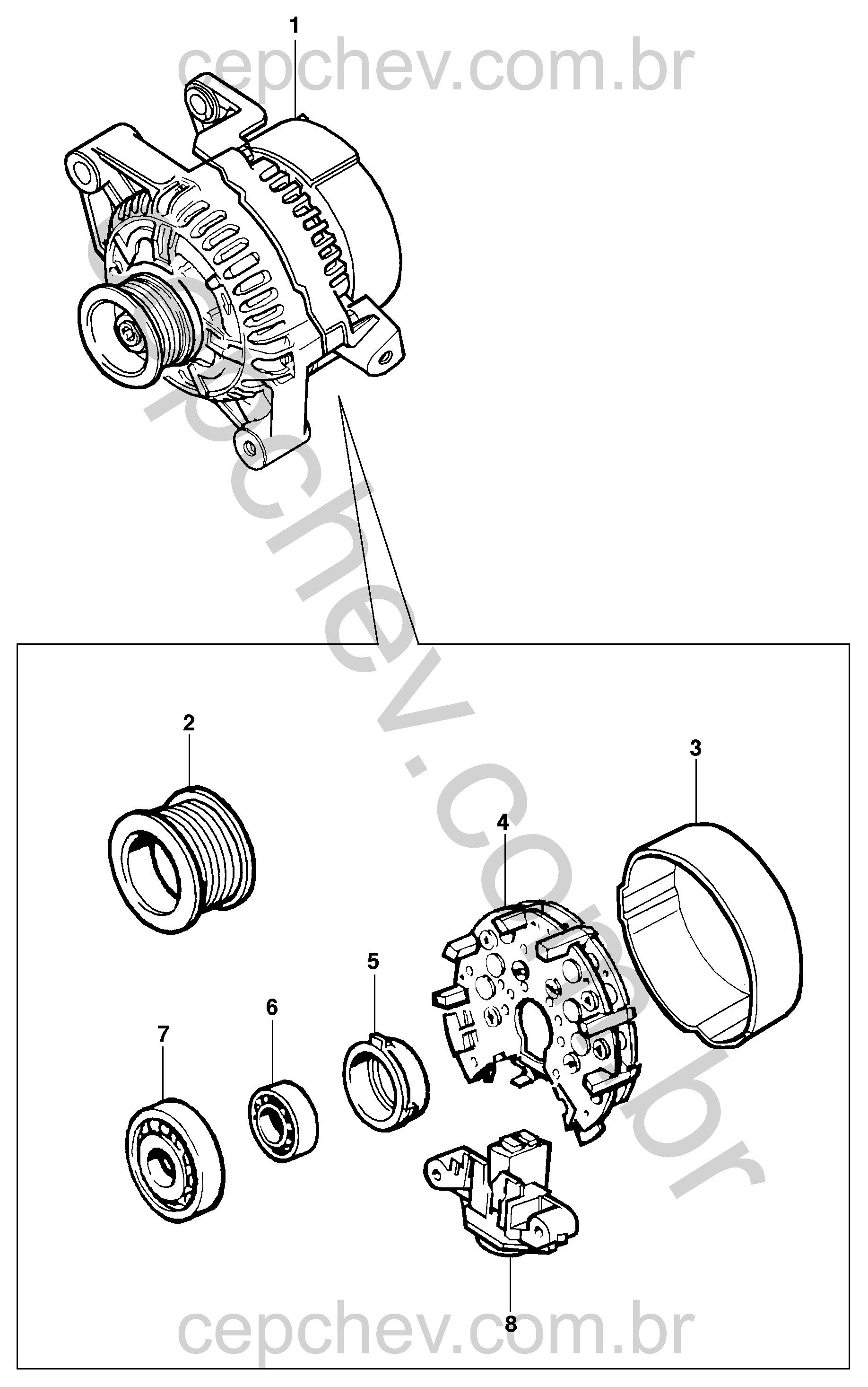 Alternador 120A diesel com polia, rolamentos, placa de diodos e regulador