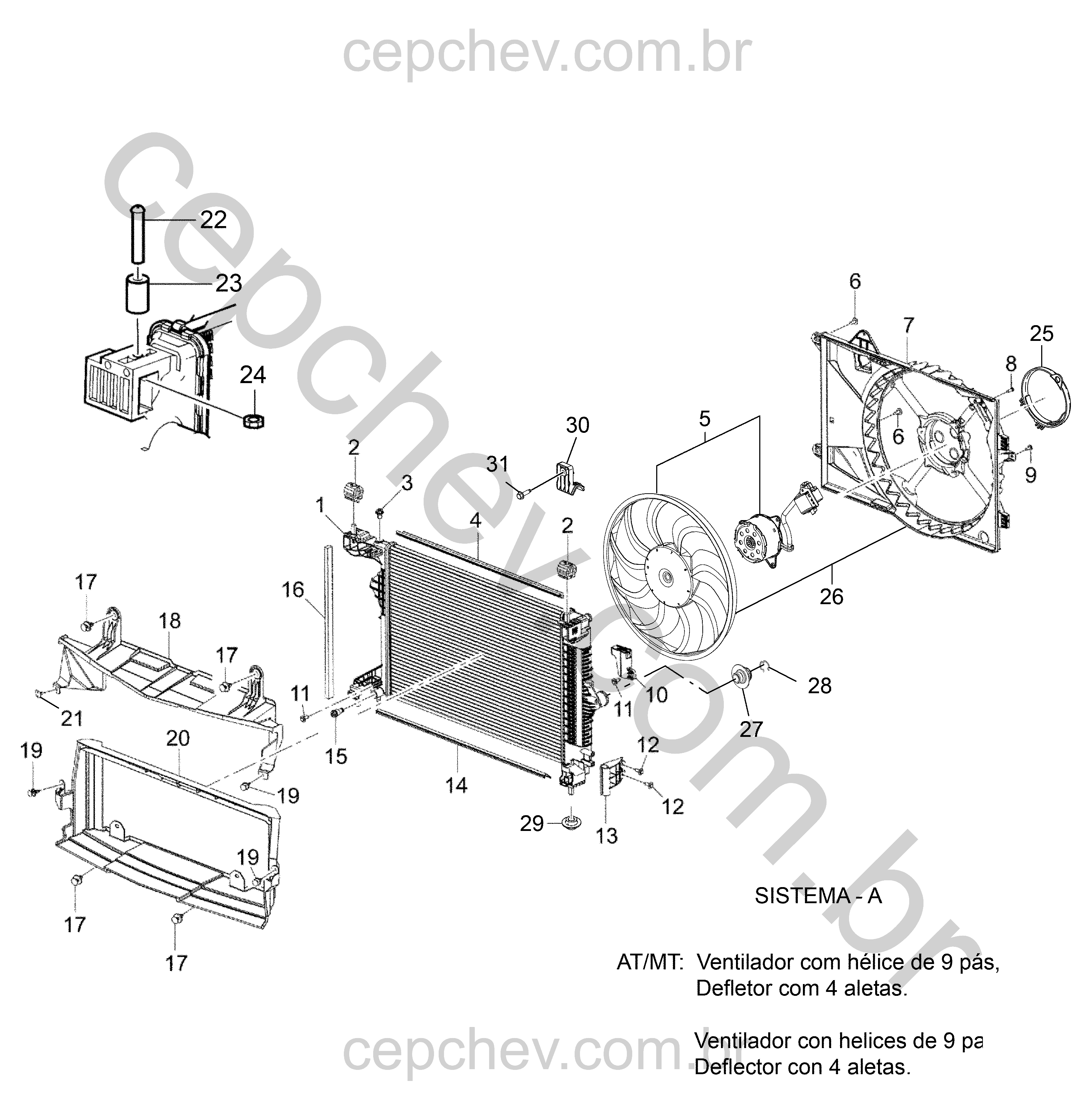 Montagem e peças do radiador e ventilador de arrefecimento do motor Denso