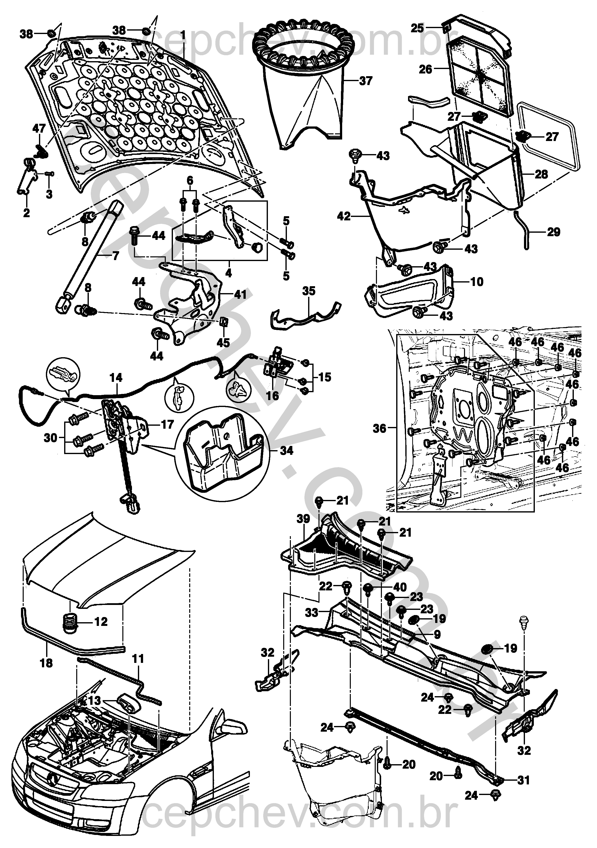 Painel dash, capuz do motor e fixações (2008)