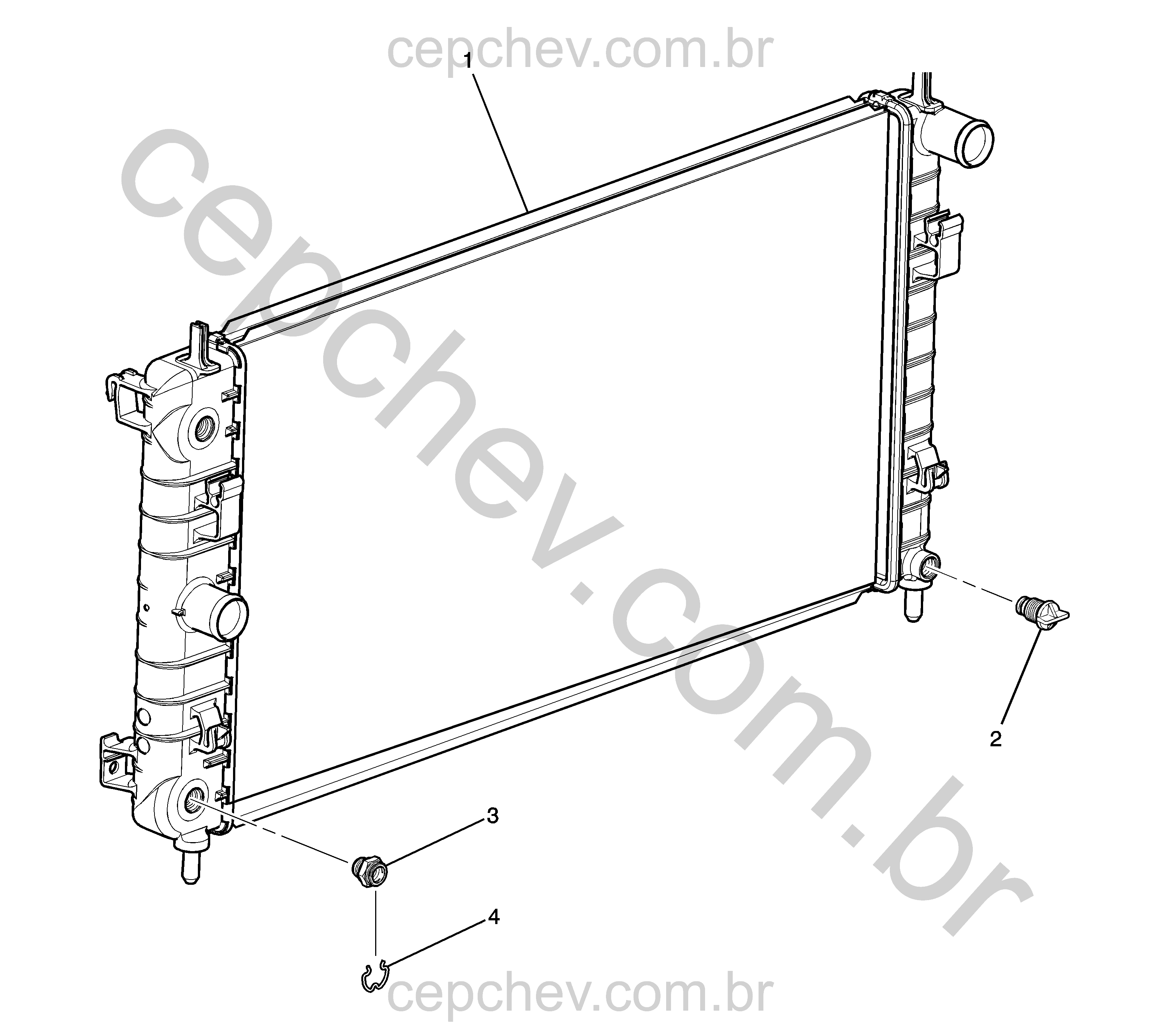Conjunto radiador (LE9/2.4V) (2010) com peças de arrefecimento e fluido.
