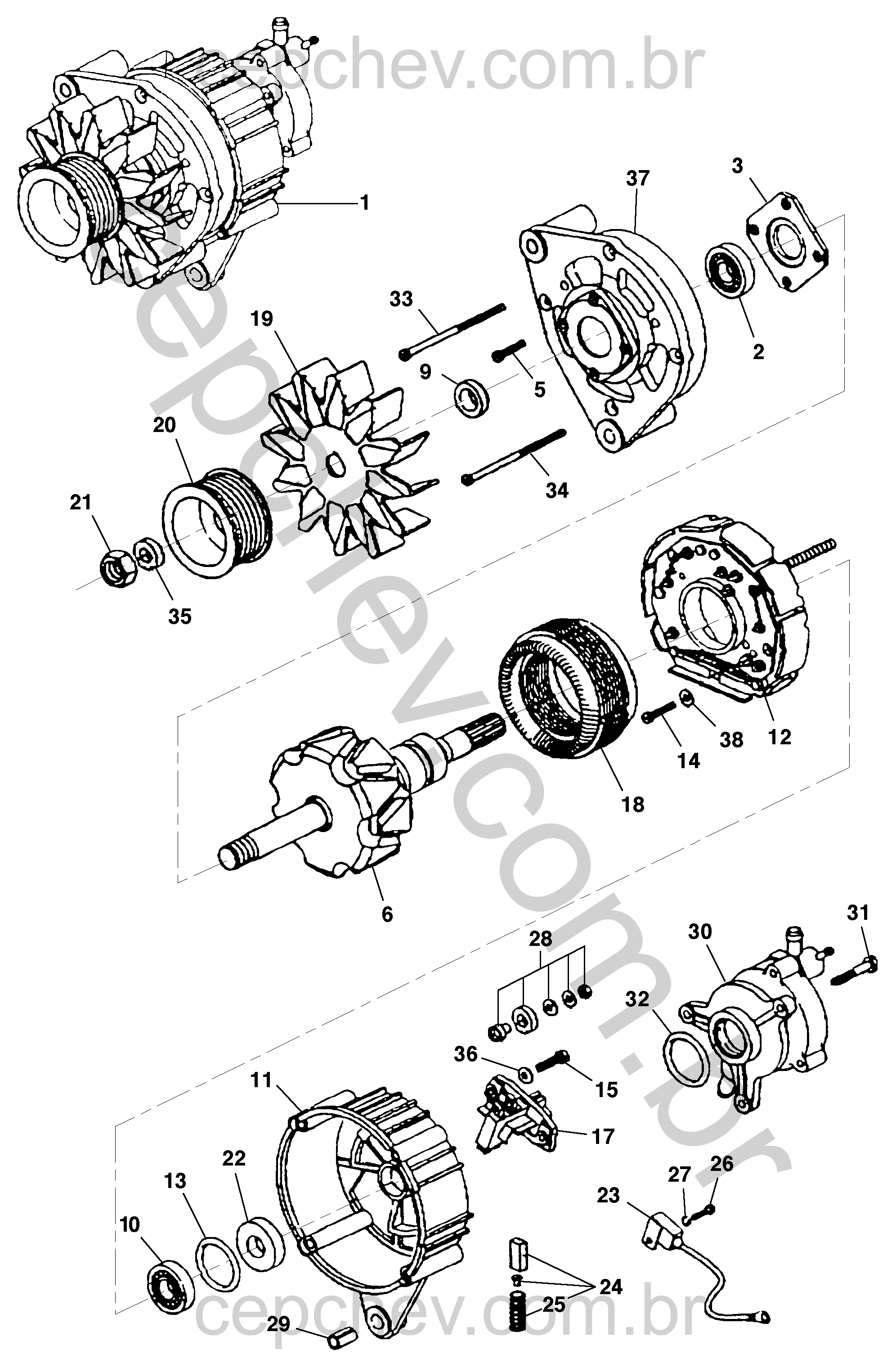 Alternador 85A Bosch para motor diesel LA5 MWM com peças completas