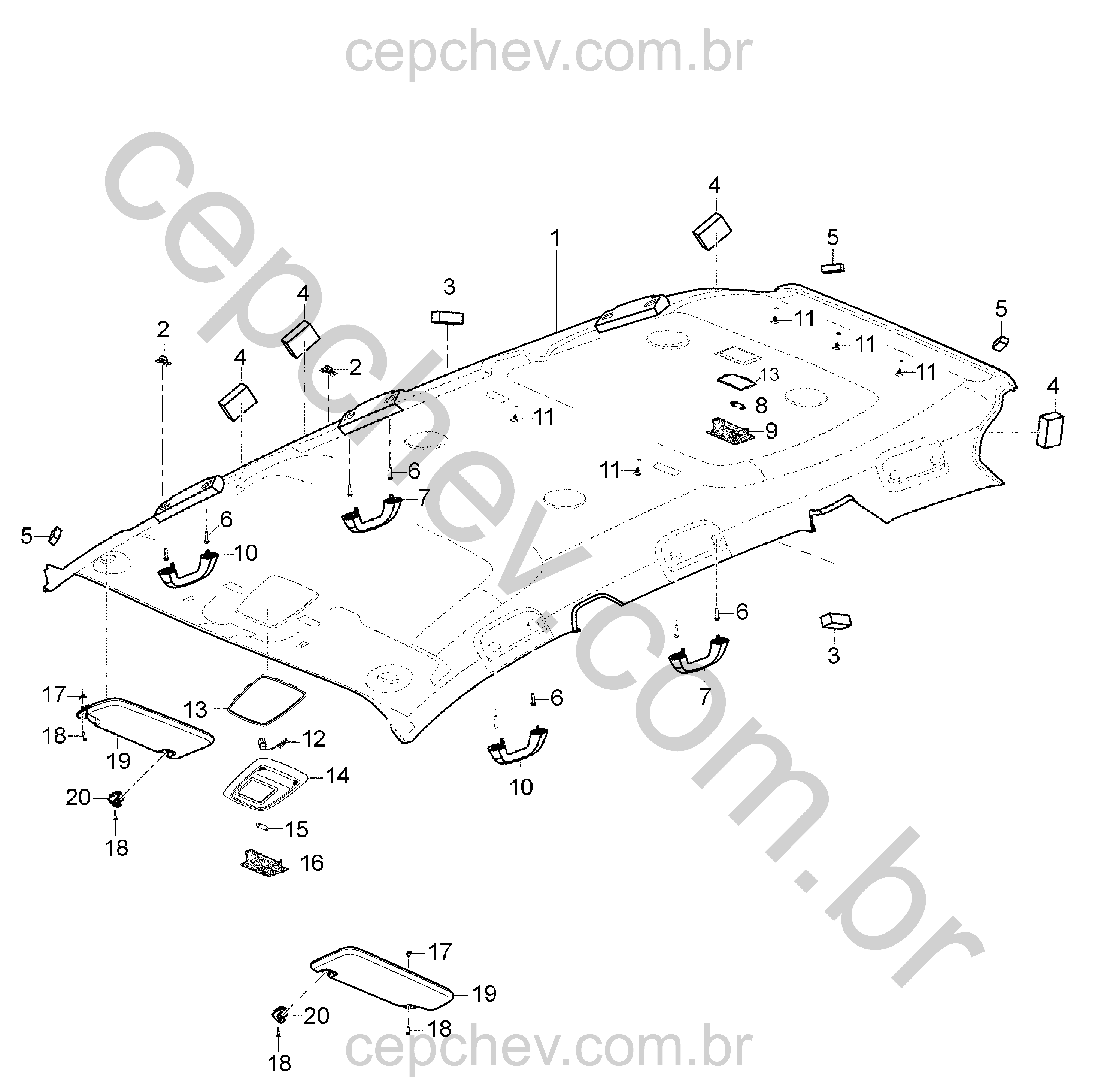 Revestimento e acabamento do teto com para-sol, maçanetas e iluminação (C91)