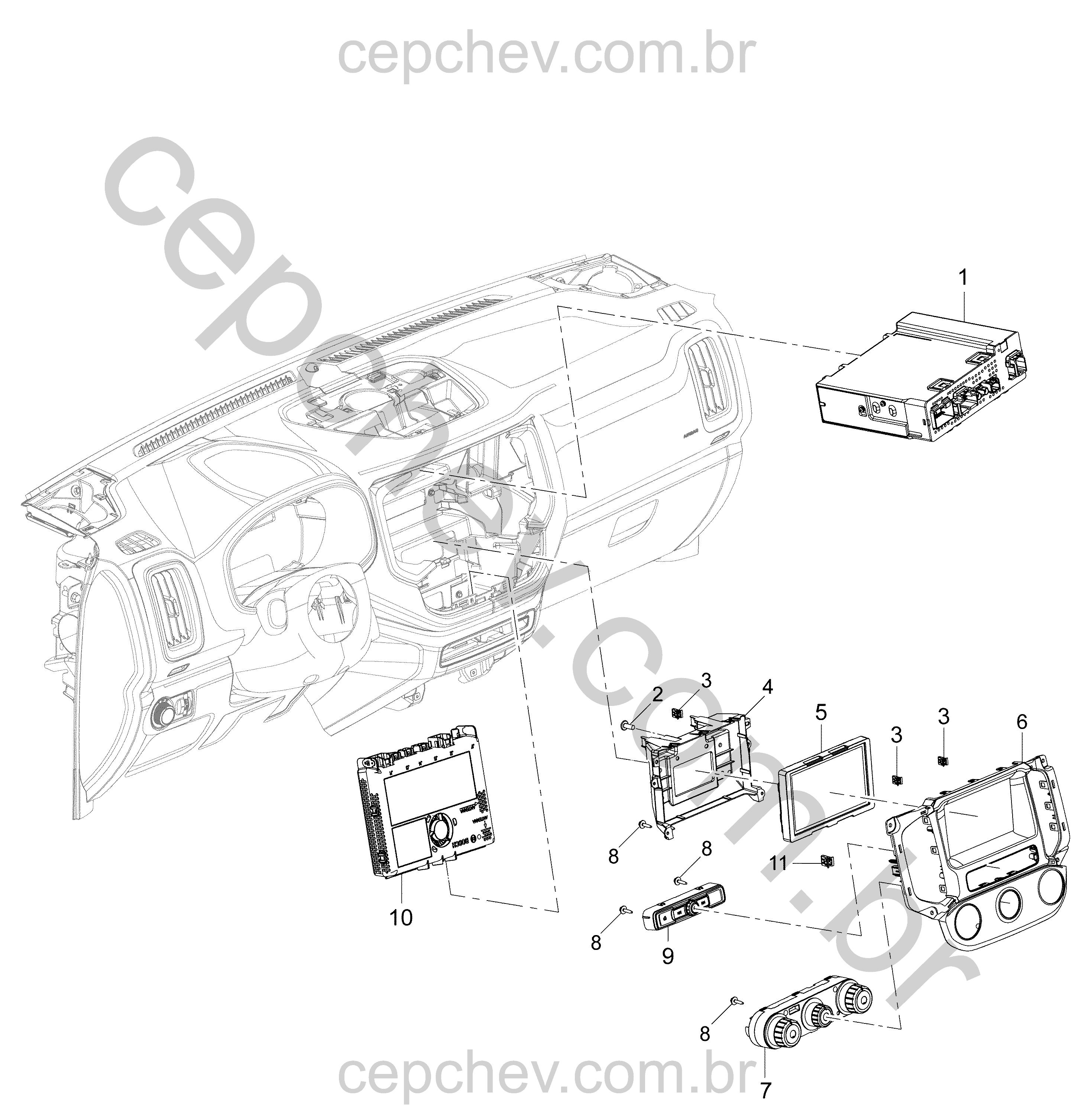 Conjunto rádio com controle, módulo, alto-falante e visor de informações