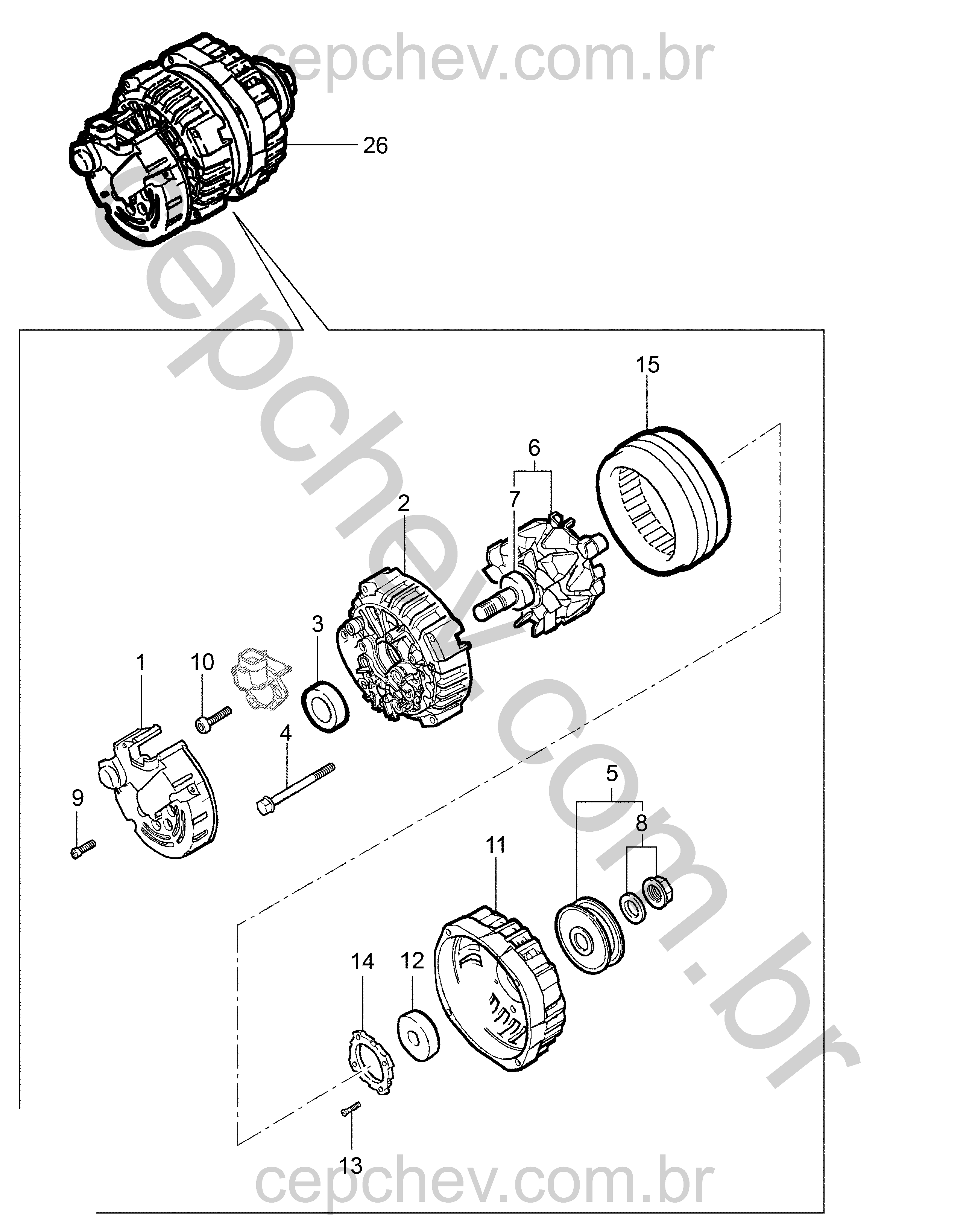 Conjunto gerador 55A com rotor, estator, rolamentos e retificador
